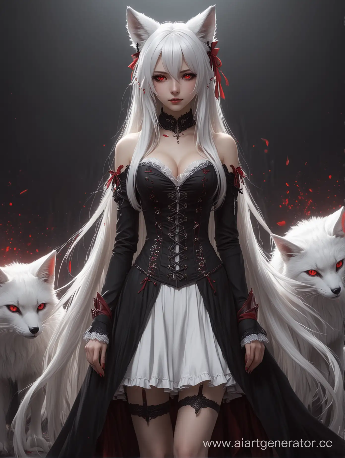 аниме, девушка, белые длинные волосы, белые лисьи уши, белый лисий хвост, красные кошачьи глаза, чёрная готическая одежда аристократа, использует магию крови, 4к, в полный рост