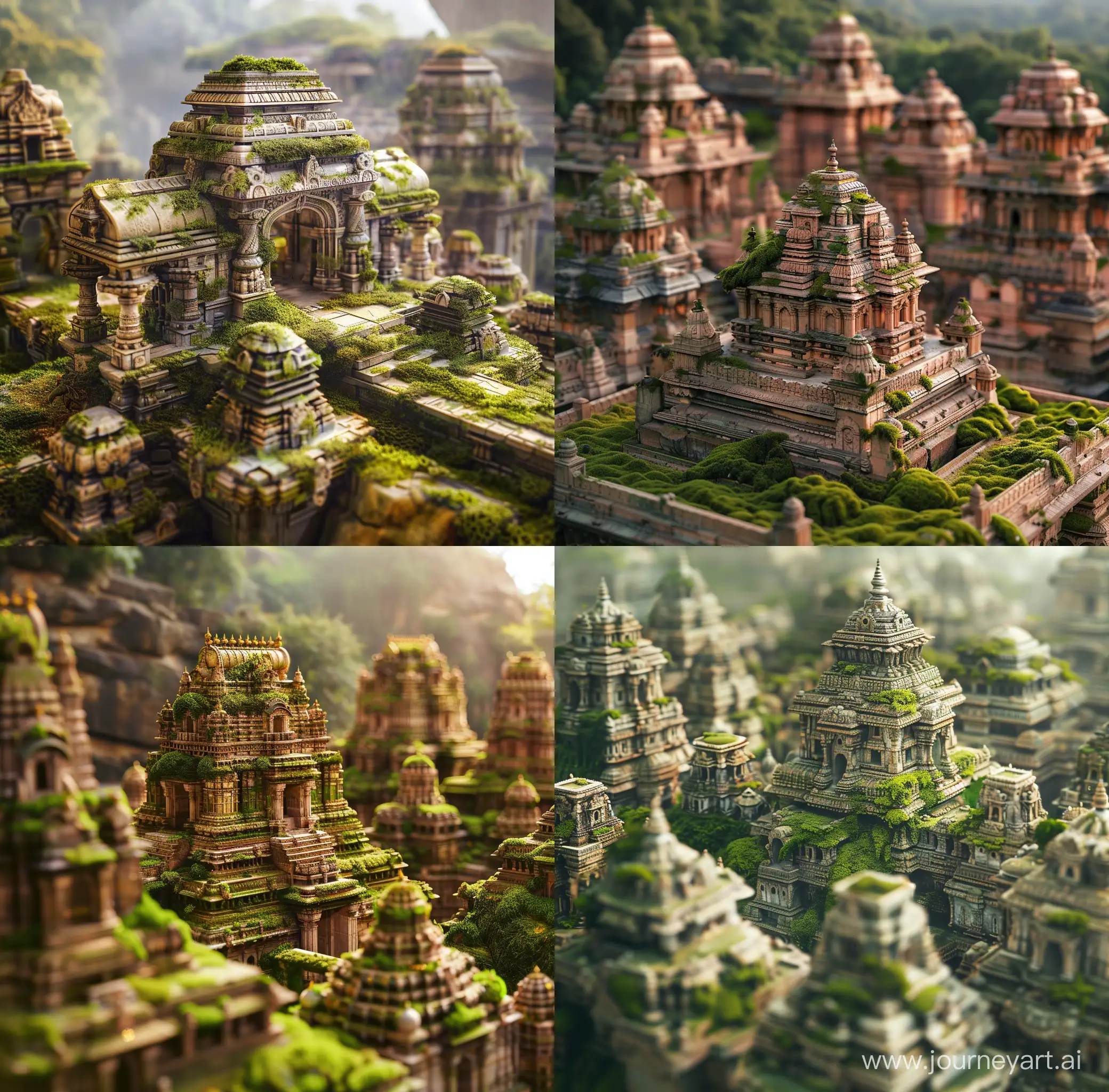 tilt-shifting Photography, a micro ancient Indian city in its golden age, with moss, hyper-detailed --ar 128:127 --style raw --v 6