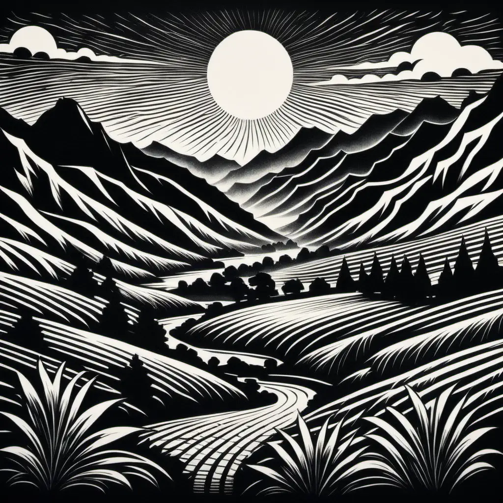 landscape black and white style block print
