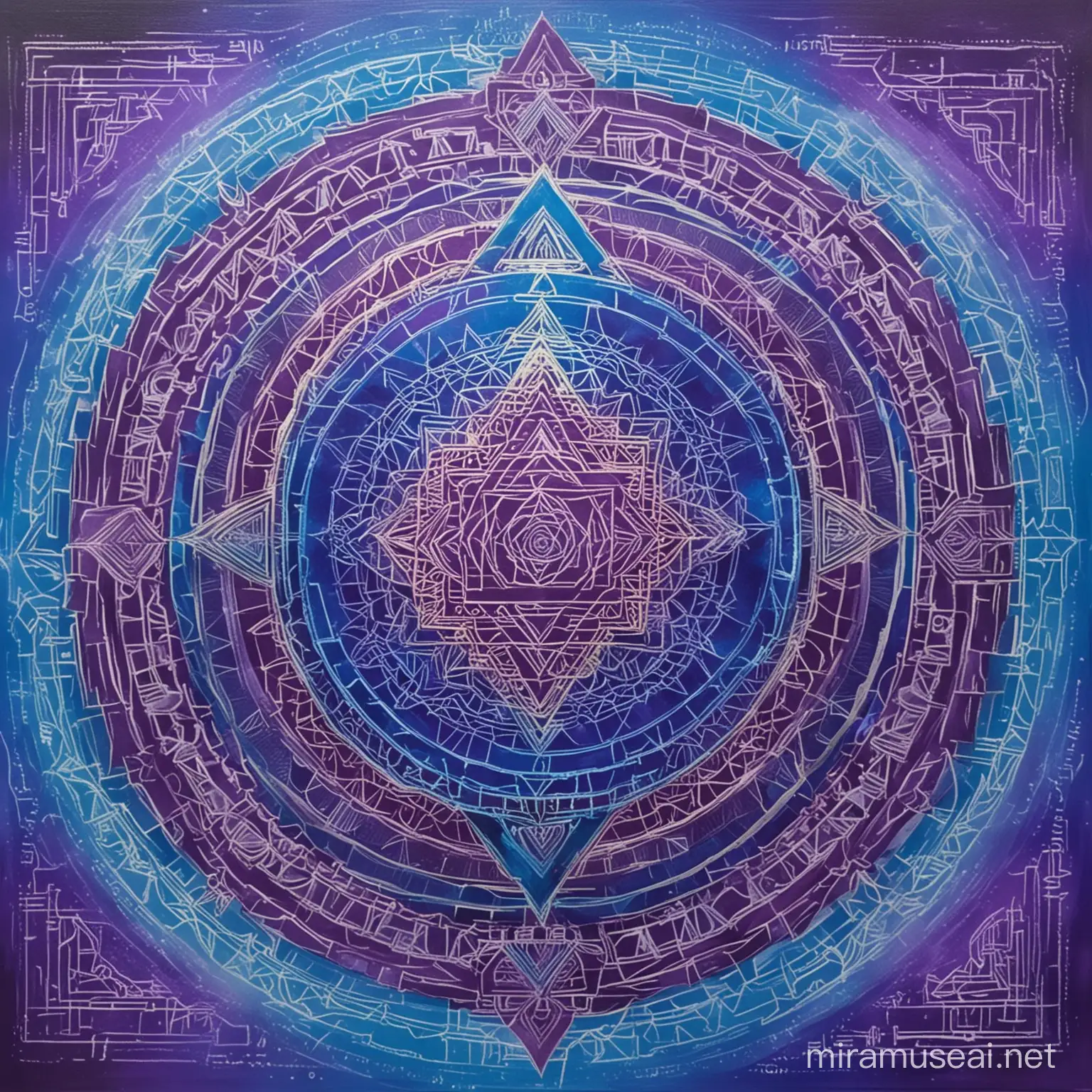 create an artwork that encompasses the notion of someone being connected to something greater than themselves. make it otherworldy and divine. please theme the colours vibrant electric blue and purple. feature a sri yantra somewhere in the piece and imply a connection to something greater than ourselves