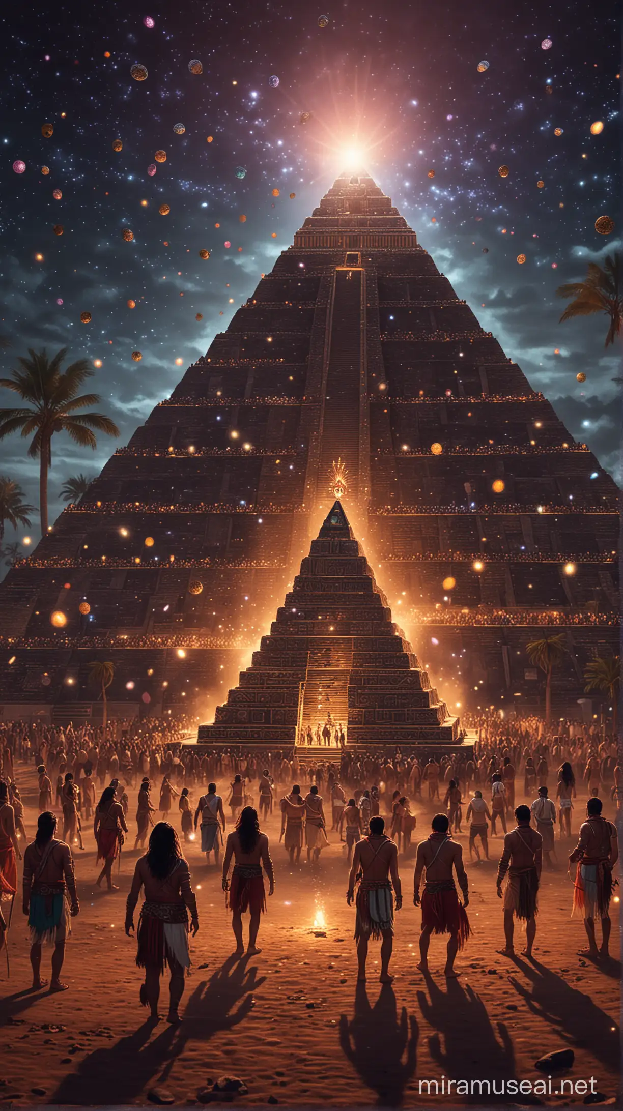 aztec people partying at night, disco balls flashing and an aztec pyramid can be seen far away