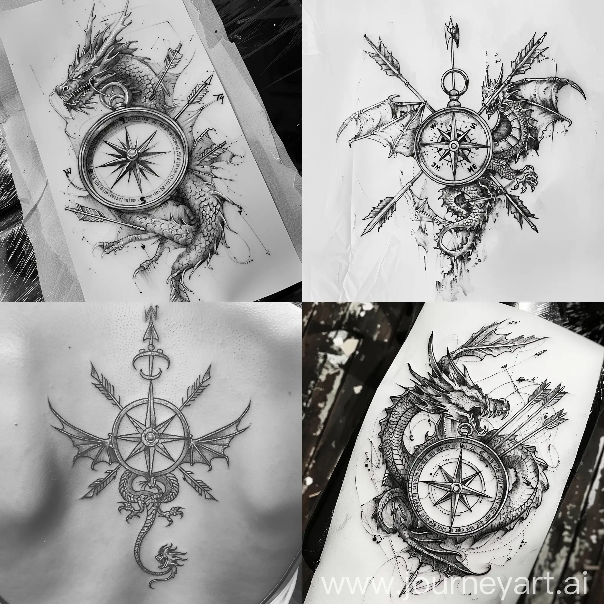 Compass-Tattoo-Sketch-with-Dragons-Arrows