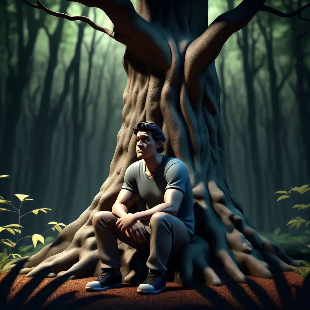 Create a 3D illustrator of an animated scene of an long shot of a average weighed medium skin toned man sitting under a tree in a dark forest with a sad face. Beautiful and spirited background illustrations.