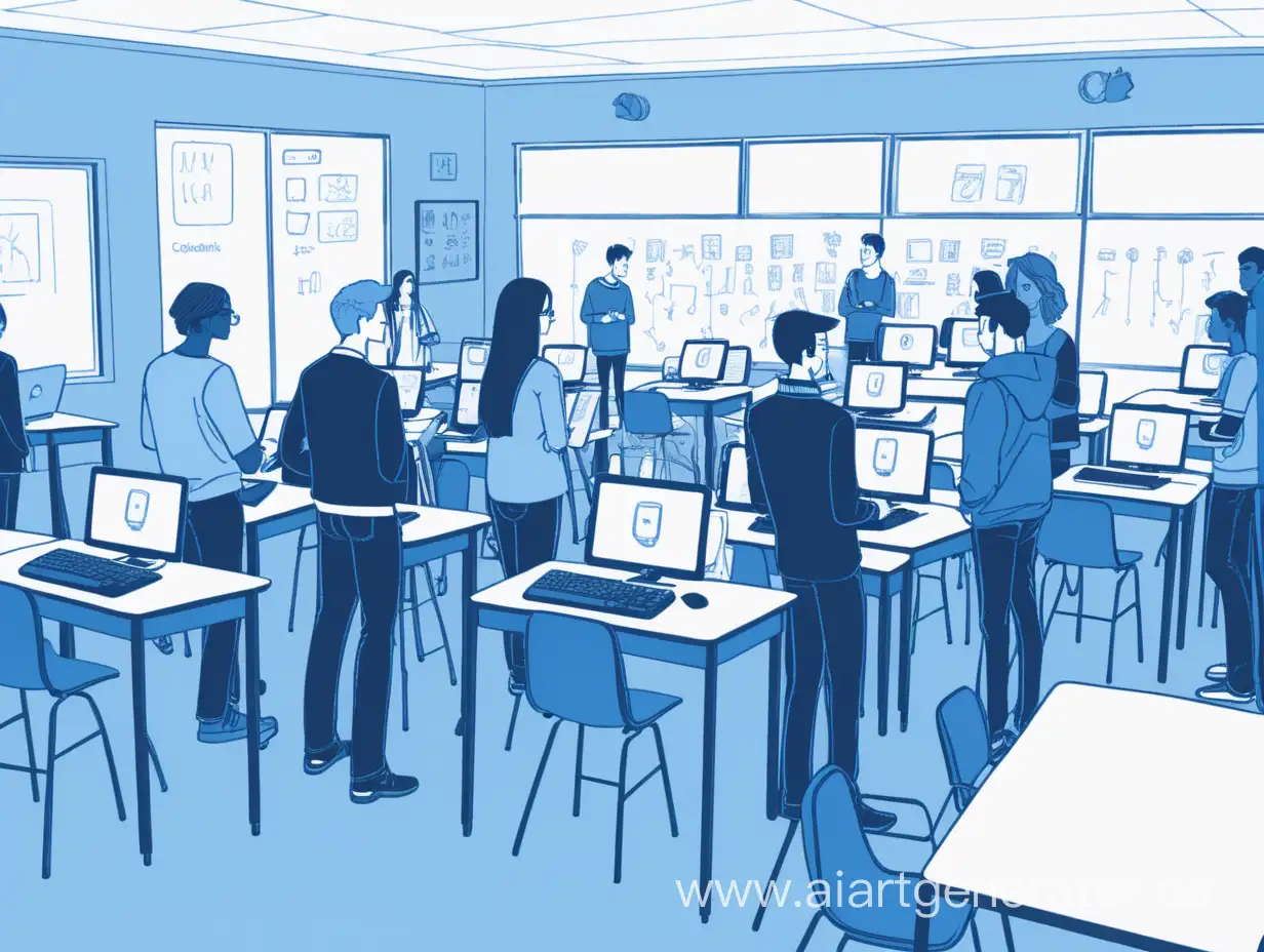 группа людей стоит в учебной аудитории с современными компьютерами,синий и белые цвета, рисованный стиль