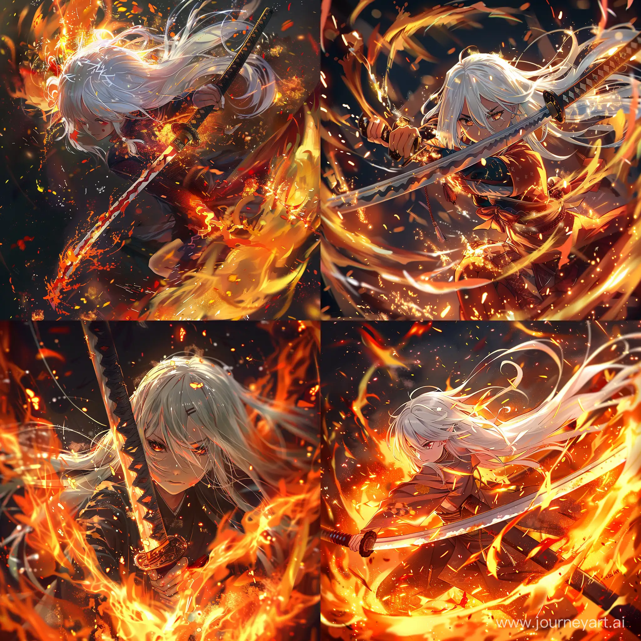 The image of a katana (Japanese weapon) in the embrace of flames, sparks. The katana is held by a girl with white hair. She has a katana in the middle and a fire behind them and on the sides. Detailed, use for an avatar. Definitely in the anime style