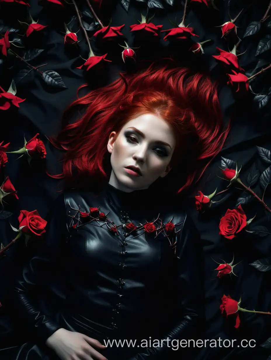 A red-haired girl lies among roses and thorns, black clothing, darkness