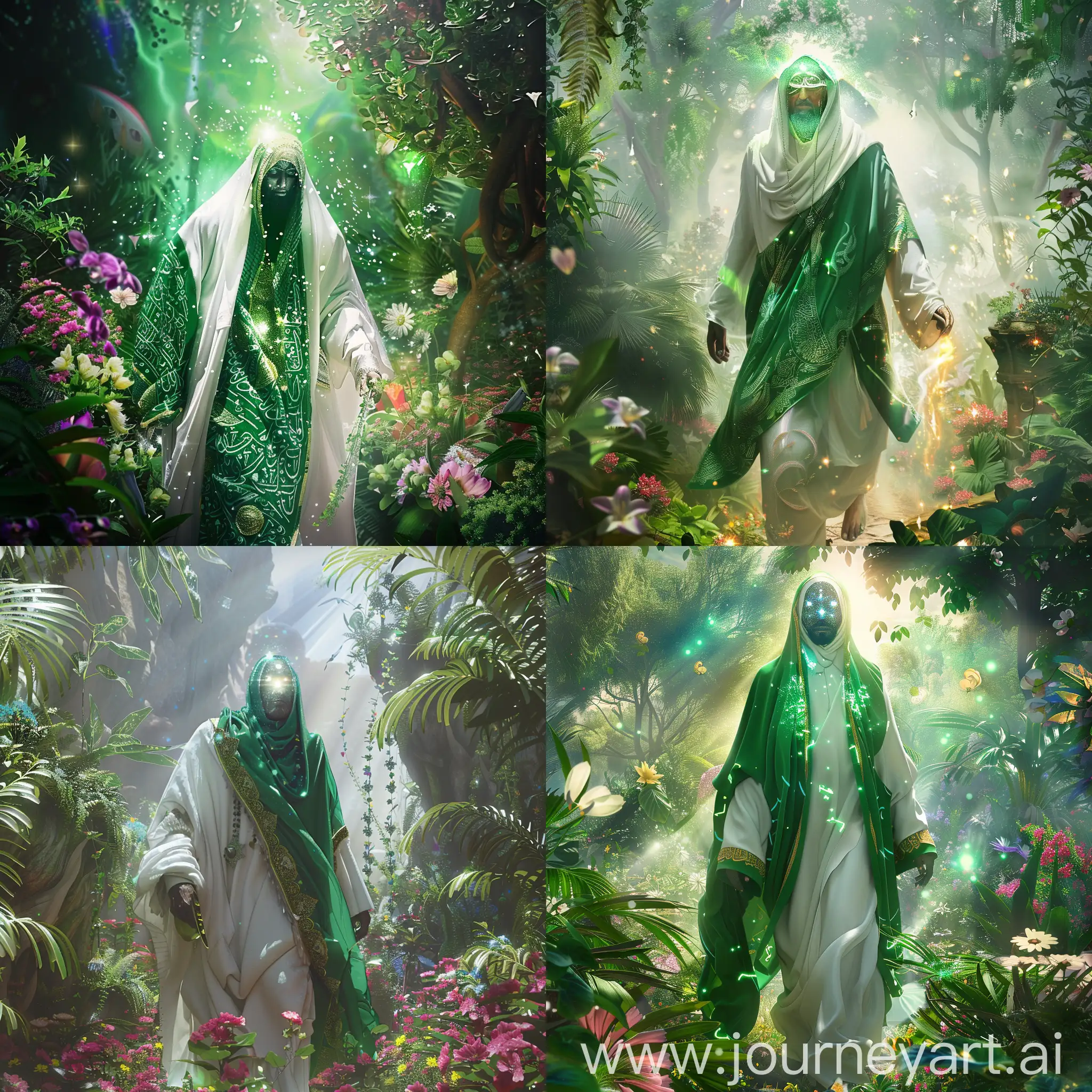 A holly islamic man with green and white arabic clothes and a shining face (no face is recognisable ) walking into a cosmic beautiful jungle and flowers