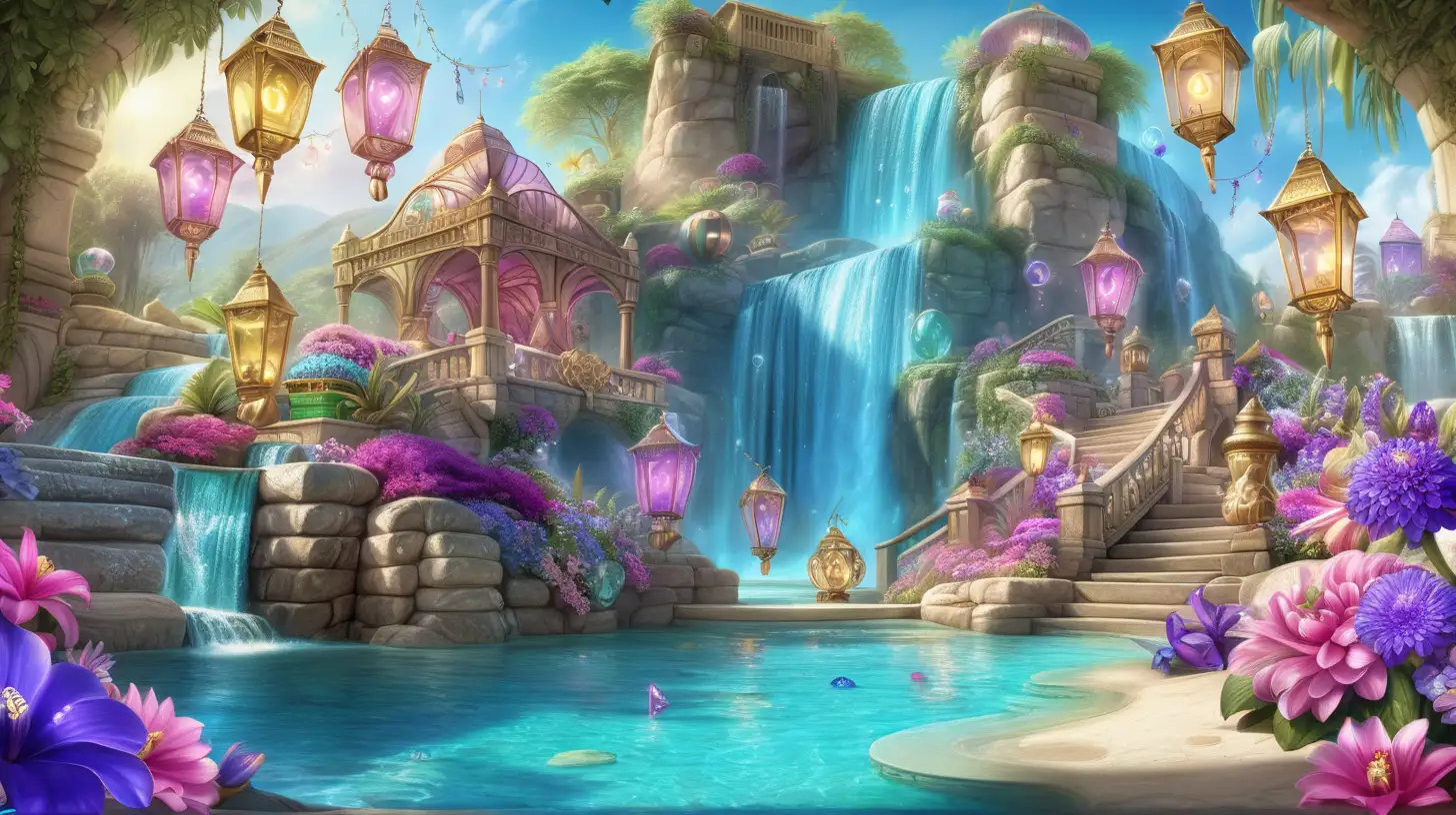 Enchanting Oasis Vibrant Waterfall Treasure Chests and Sunlit Sky