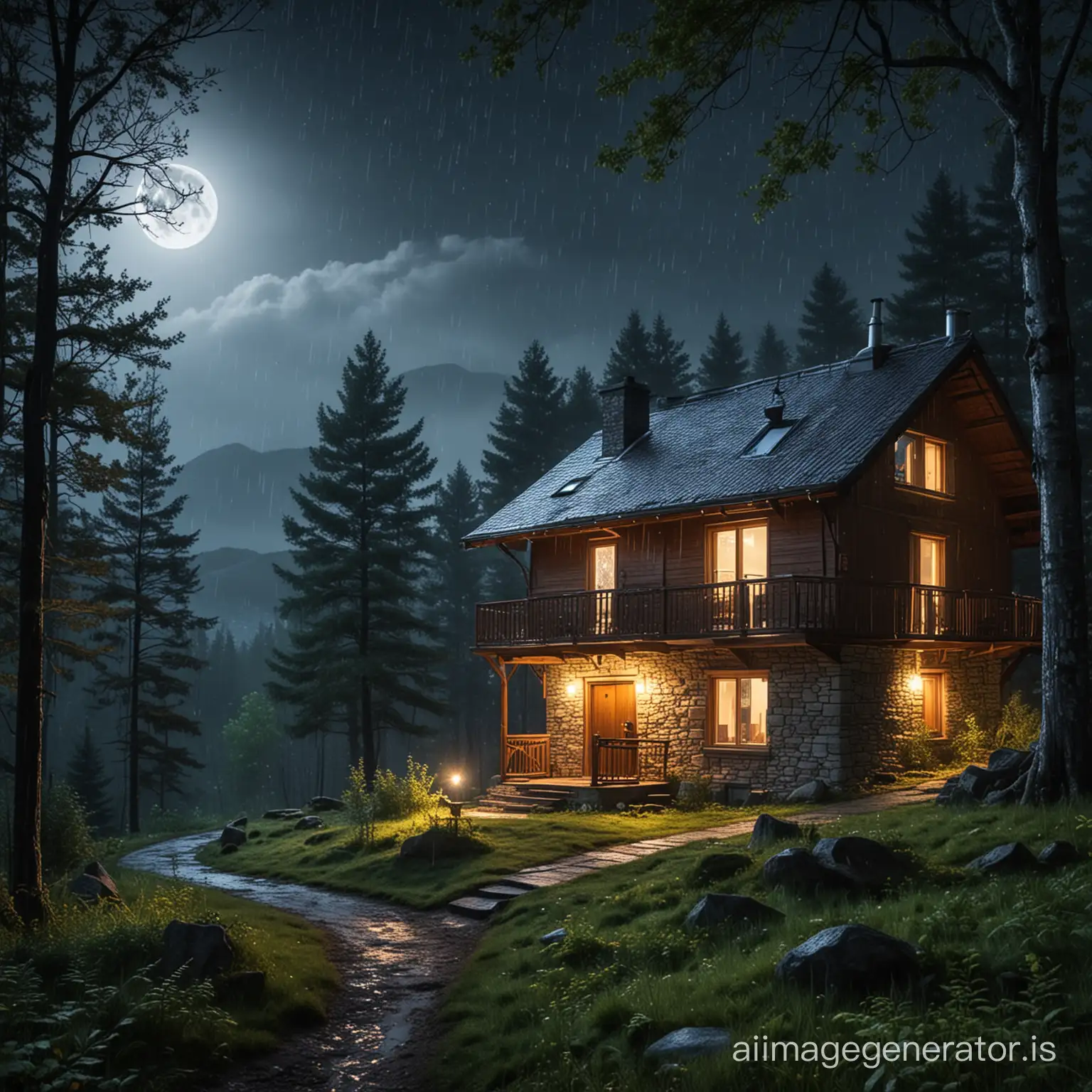 Night forest with light rain. Beautiful forest house with a chimney. Full moon illuminating the mountains.