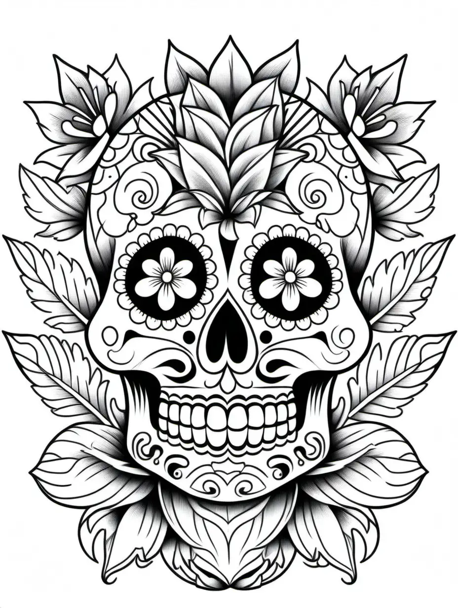 an advant-garde mexican calavera tattoo outline, white background for coloring book, thick black lines, no color, flora themed