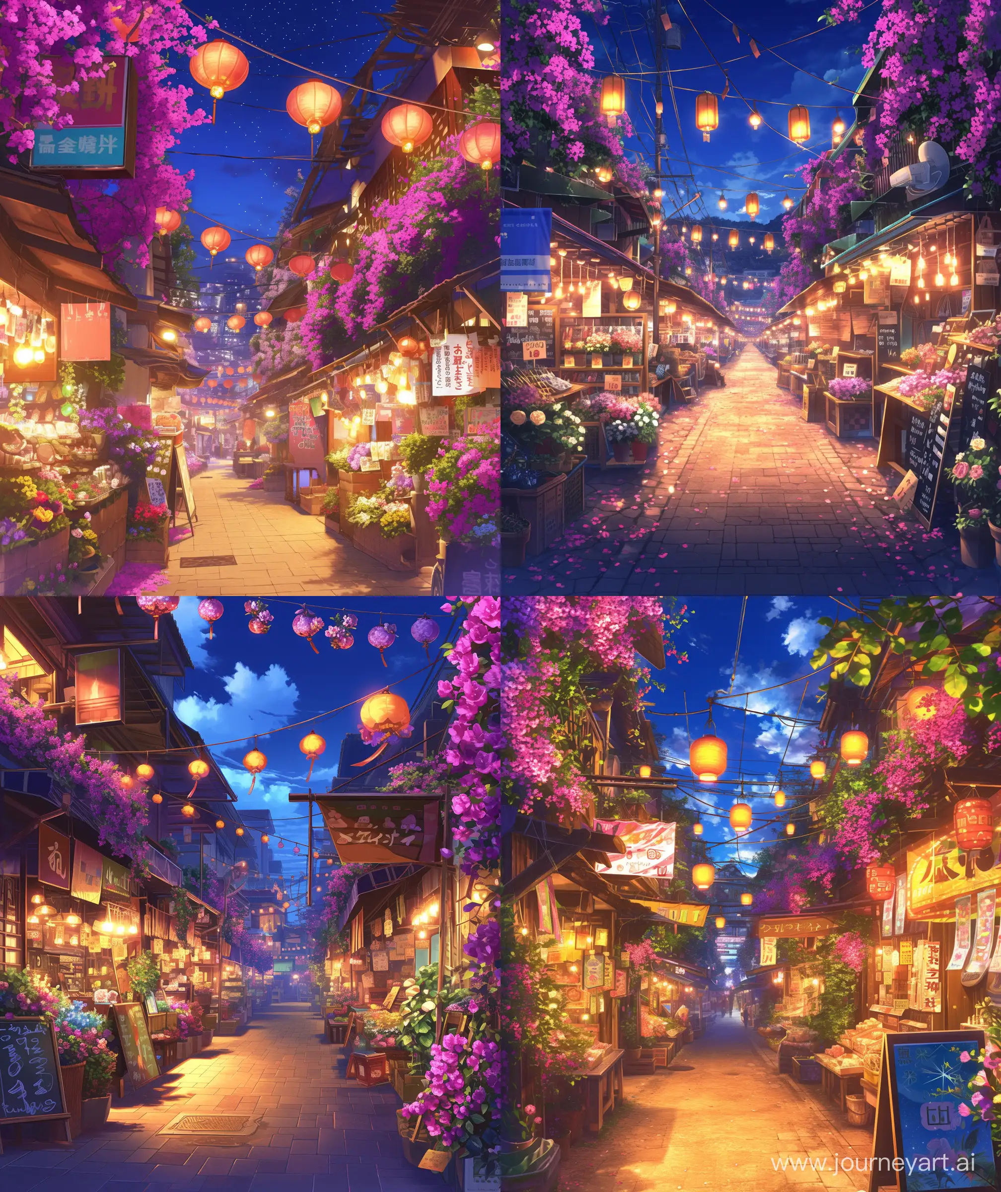 Mokoto shinkai style, Anime night market, hanging lantern, hanging lights, sign board, many shop both side of street, many flowers around, beautiful decoration, ultra HD, High quality, Bougainville, ultra hd, High quality --ar 27:32 --niji 6 