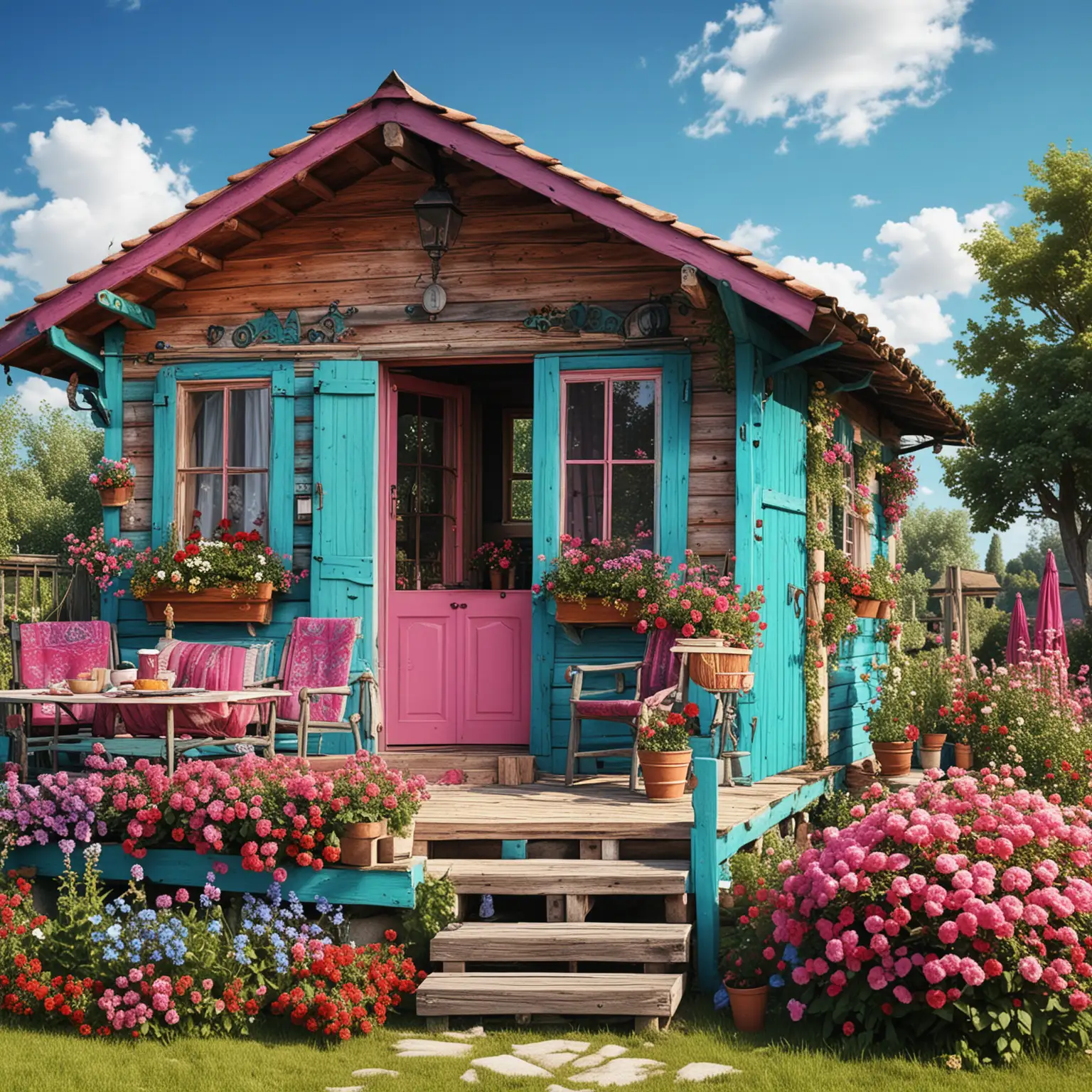 Gypsy style tosca and pink  colorssummer cabin with vibrant variant flowers and beautiful garden, sunny blue sky, realistic, ultra detailed, photography syle, 