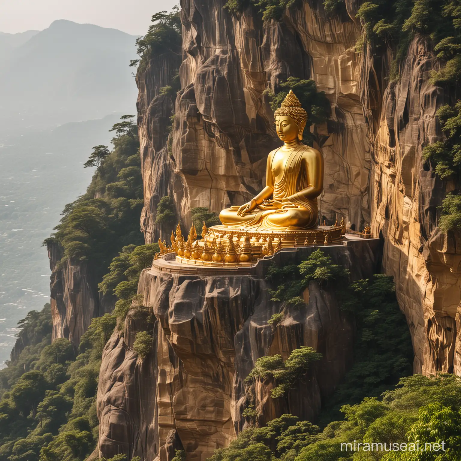 Majestic Golden Buddha Statue Perched on a Cliff