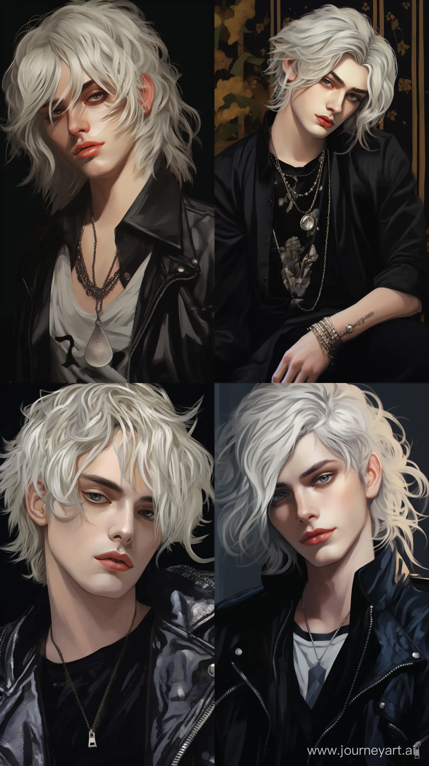 cinematic detailed illustrations of a 22 years old guy, with medium length platinum hair, pale golden eyes, wears expensive things, a beautiful guy, in a aesthetic background 1980s anime in the style of victoria goth, realist detail, pulp comics - --ar 9:16 --s 40