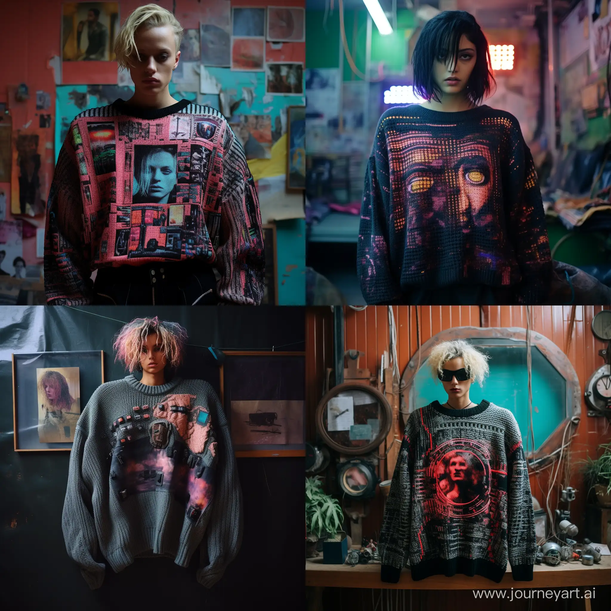 A photo of an oversize knitted sweater with a flat image on a sweater where a computer controls the world, the image is connected from threads, it subdued every person and plant, the punk style of the 80s, cyberpunk films, without people in the picture