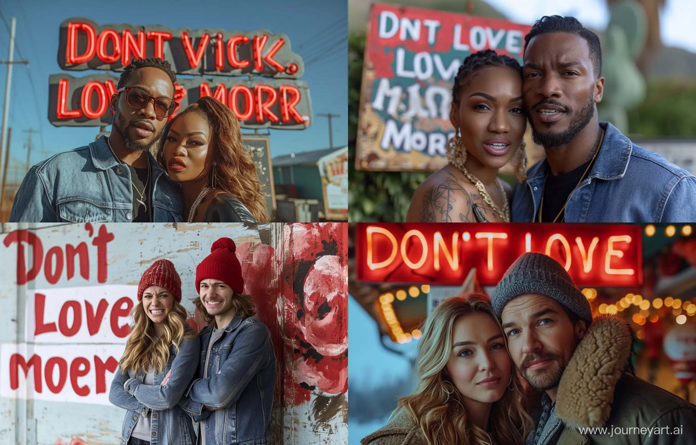 Photo of a man and a woman uncomfortable on their date at their parents' house in front of a sign that says “Don't fight, love more!" --v 6 --ar 14:9 --style raw --stylize 1000