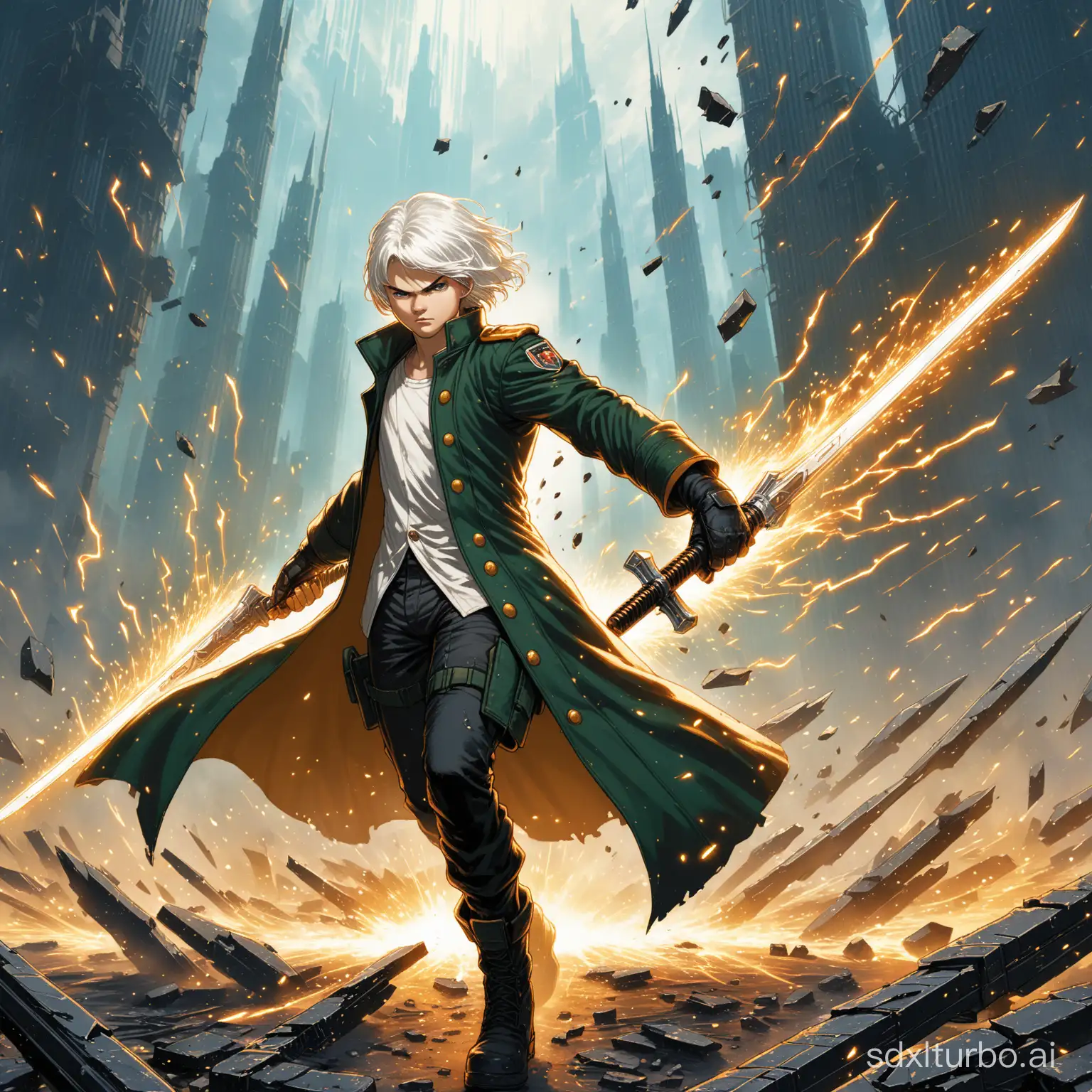 A young white-haired youth of the future, wearing military coat, wielding dual blades, sparks, shattered debris, in the style of Gerald Brom and Dan Abnett, high detail, 16k