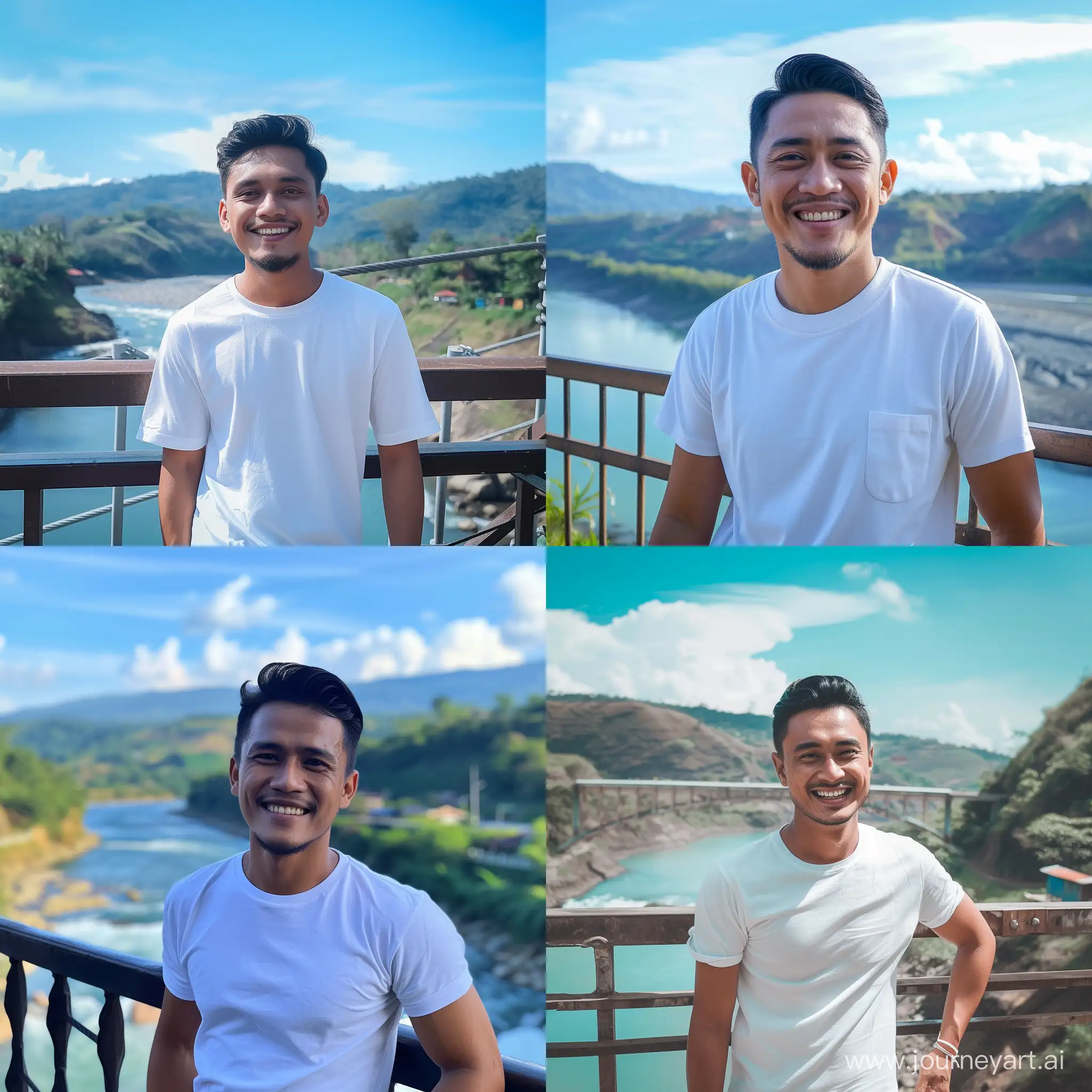 Foto an indosian man 30 year old,handsome,smilling,wearing white t shirt,standing on a bridge,background river,mountain,blue sky,ultra hd,very detailed