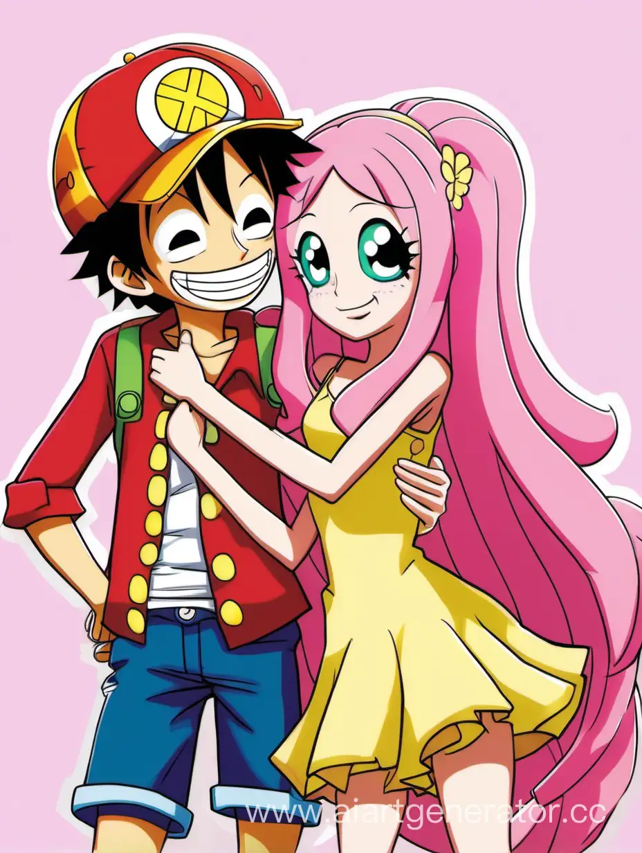 Луффи из аниме One Piece обнимает Флаттершай из мультфильма Equestria Girl