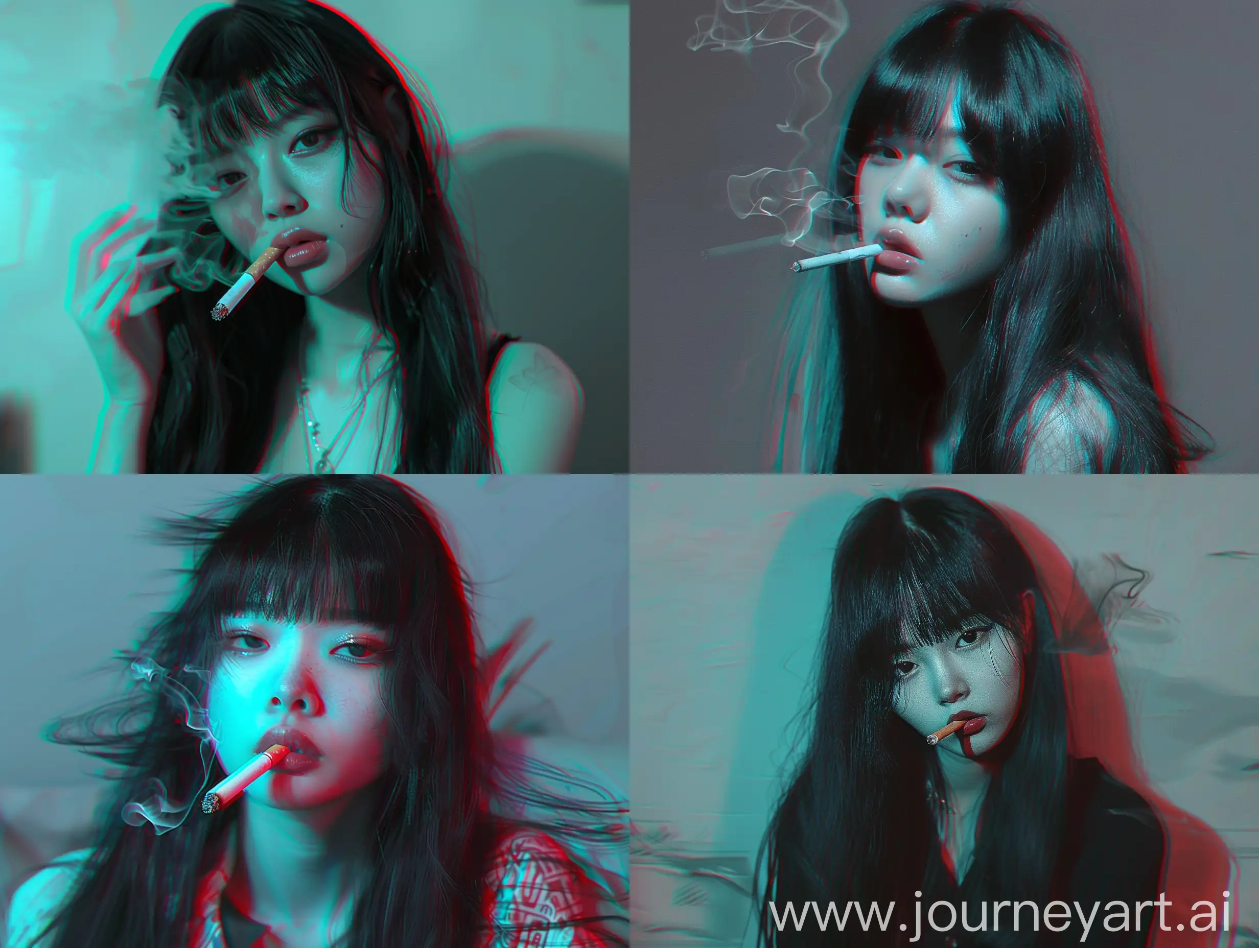 a woman with long black hair smoking a cigarette, cynthwave, melanie martinez, anaglyph effect ayami kojima, ai yazawa, basia tran, she has black hair with bangs, kimi takemura, gemma chen, inspired by Zhu Da, portrait of jossi of blackpink, lulu chen, sui ishida with black hair, bella poarch