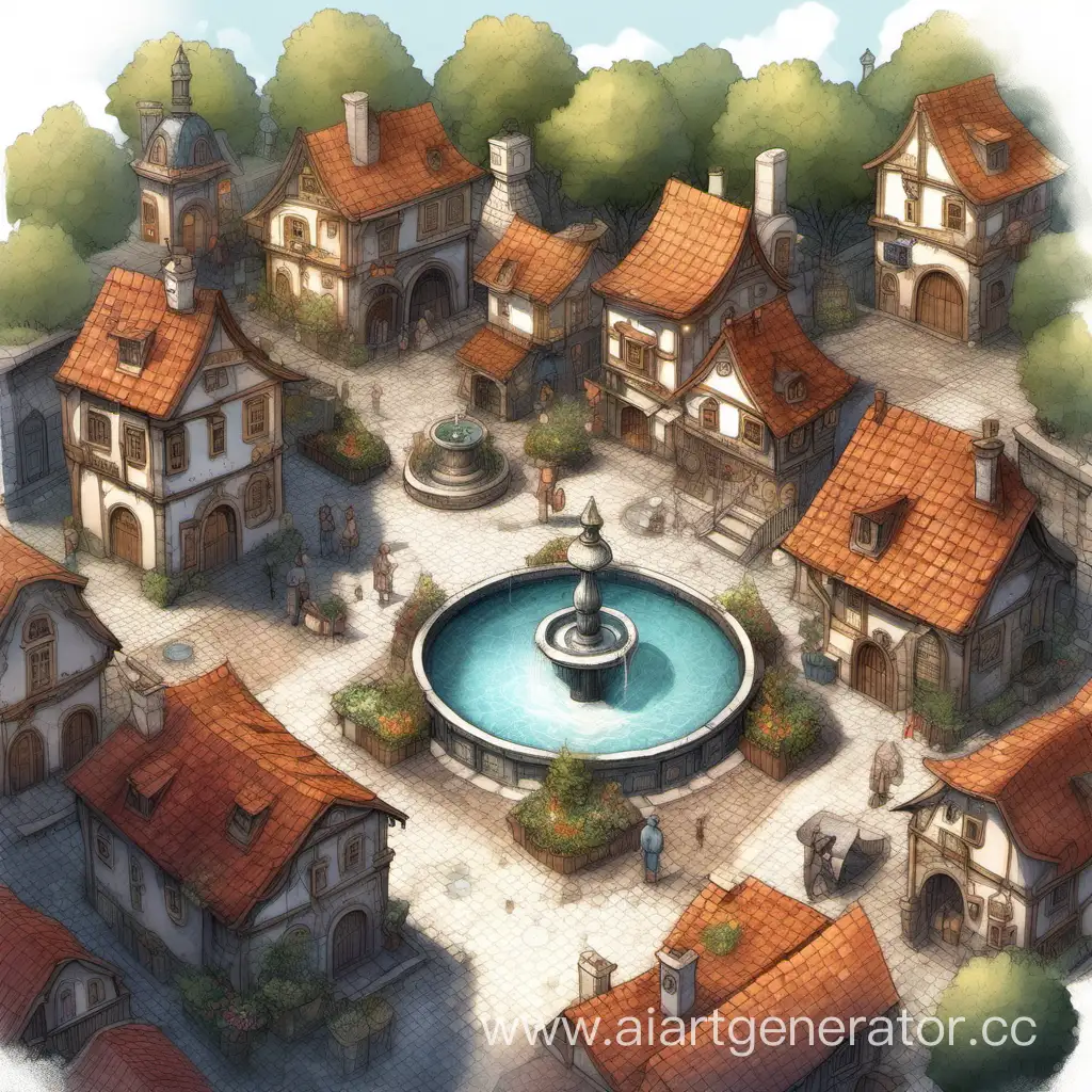 Fantasy-City-Square-with-Fountain-and-Forge-Amidst-Houses