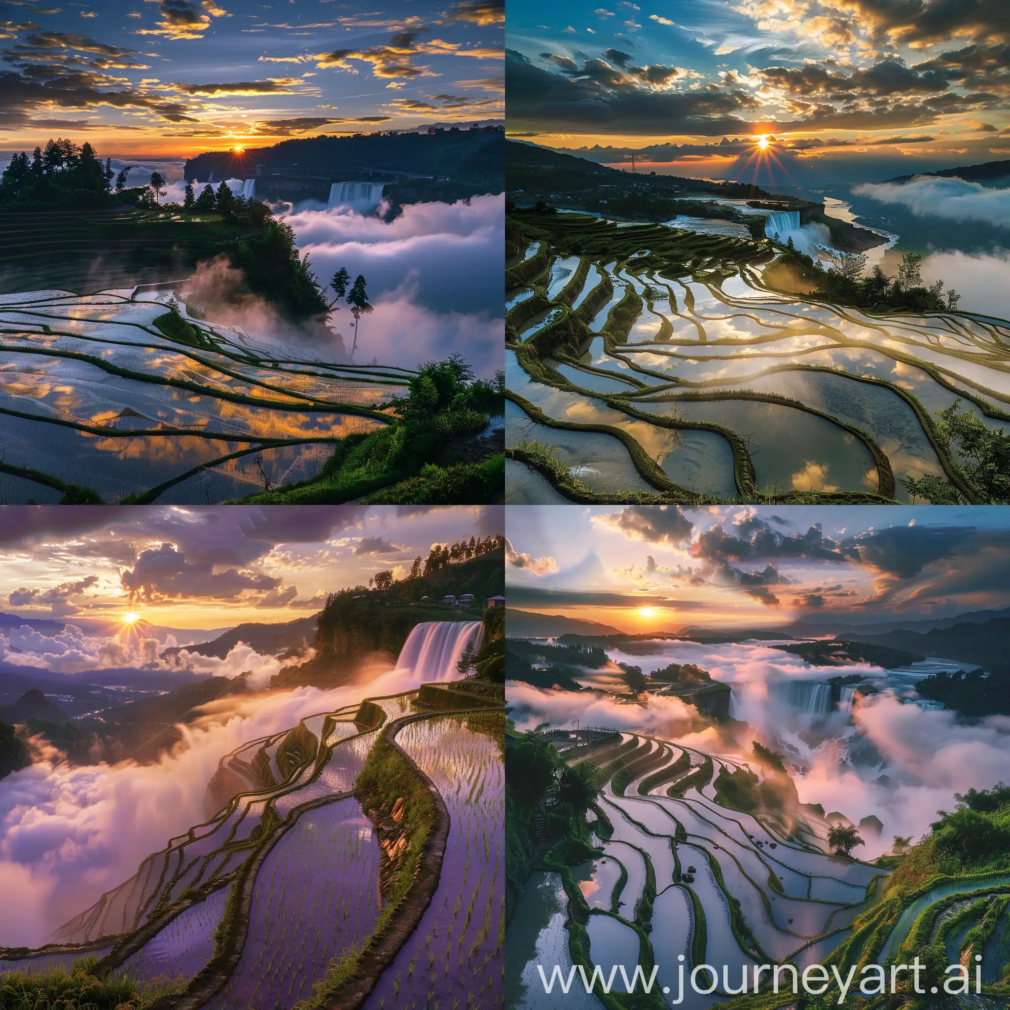 rice fields in clouds at sunset in yushan, niagara falls, usa, in the style of grid formations, traditional landscapes