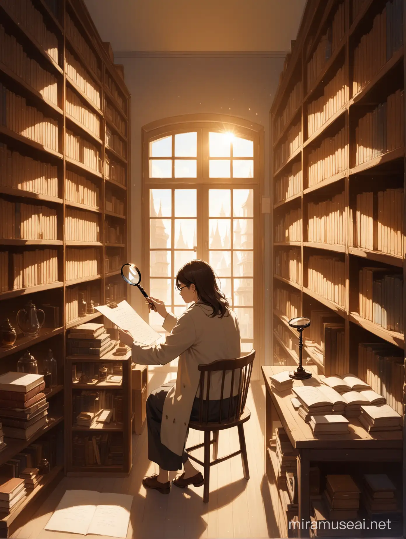 a person holding a magnifying glass, examining a piece of artwork or a handwritten note, sitting in a cozy, sunlit room surrounded by shelves filled with books, artifacts, and various objects. 