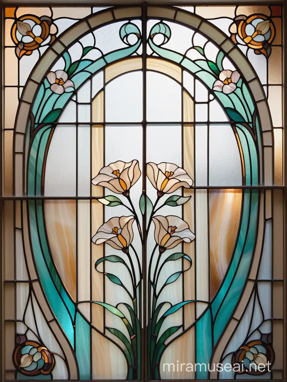 прямоугольная, 4 четырехстворчатая витражная стена в технике тиффани, в стиле ар нуво, с цветочным узором, с красивыми плавными, изогнутыми линиями, из бежевого и белого цвета стекла на фоне штор из органзы