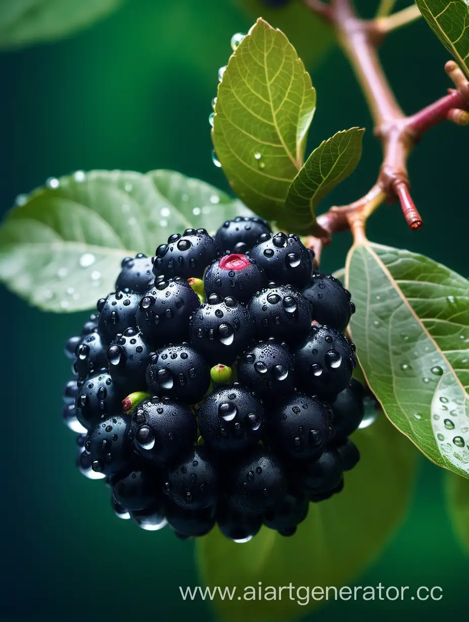 Aronia FRUIT blue dark green with big flower with water drops background