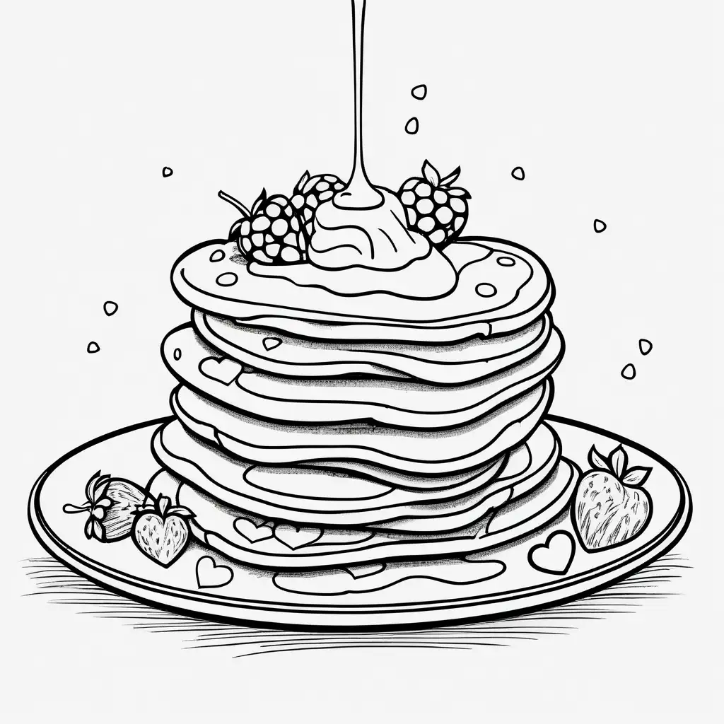Create a coloring book page of A stack of heart-shaped pancakes with syrup and berries on top.  with crisp lines and white background. Make it an easy-to-color design for children. --ar 17:22--model raw