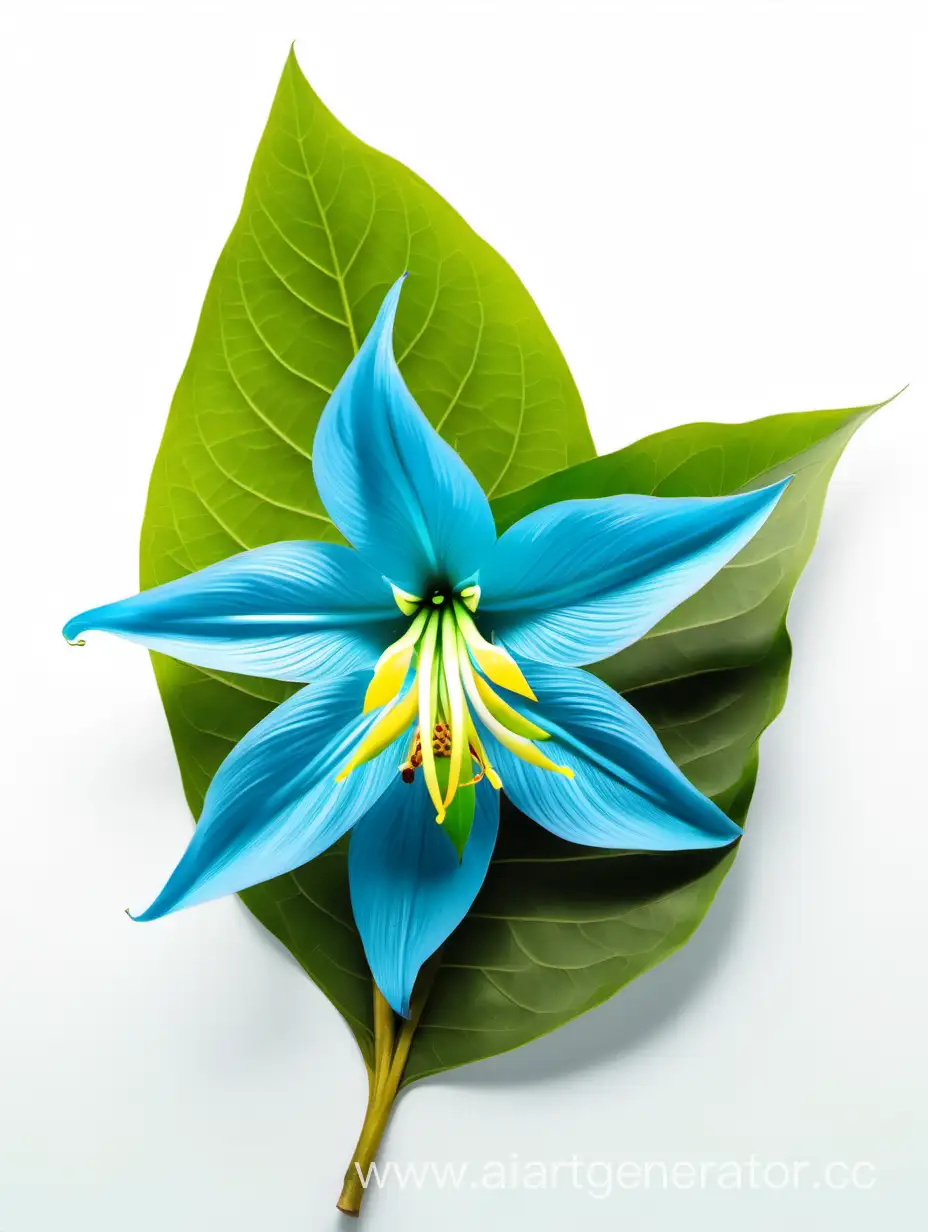 ylang BLUE wild BIG flower 8k ALL FOCUS with natural fresh green 2 leaves on white background 