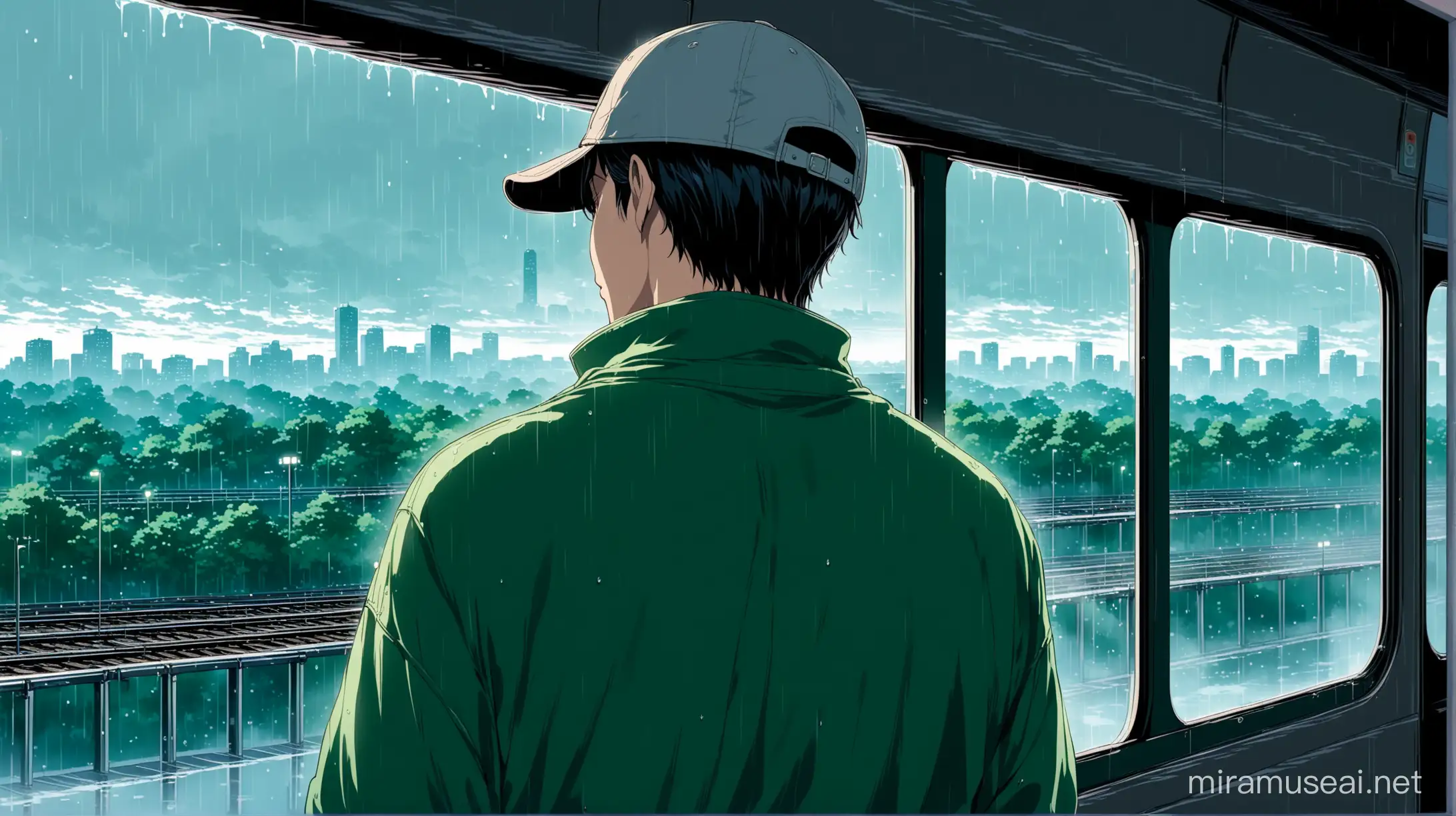 anime illustration depicting a man with buzz cut hair, wearing a baseball cap, wearing a green shirt, facing the train window with a sad expression, and the angle of his position seen from behind, outside the window there is a view of the city and shady trees, plus a light rainy weather pattern, window reflections, dim, overcast and cool atmosphere, dim light, position, with additional reflections in the wet window, faint cityscape in the reflection, ensuring it blends perfectly with the rainy atmosphere, a hint of fog to increase realism, including the silhouettes of buildings and trees in the distance, ensuring it adds depth and perspective, and captures a melancholy atmosphere, with a subtle reflection of the man's face on the window. digital painting art style, anime style, niji style, colorful, high detail, high resolution, high quality, high contrast, masterpiece, epic shooting, style of Makoto Shinkai, Atey Ghailan, Studio Ghibli, and Hayao Miyazaki, are trending in art station and pixiv --ar 63:128