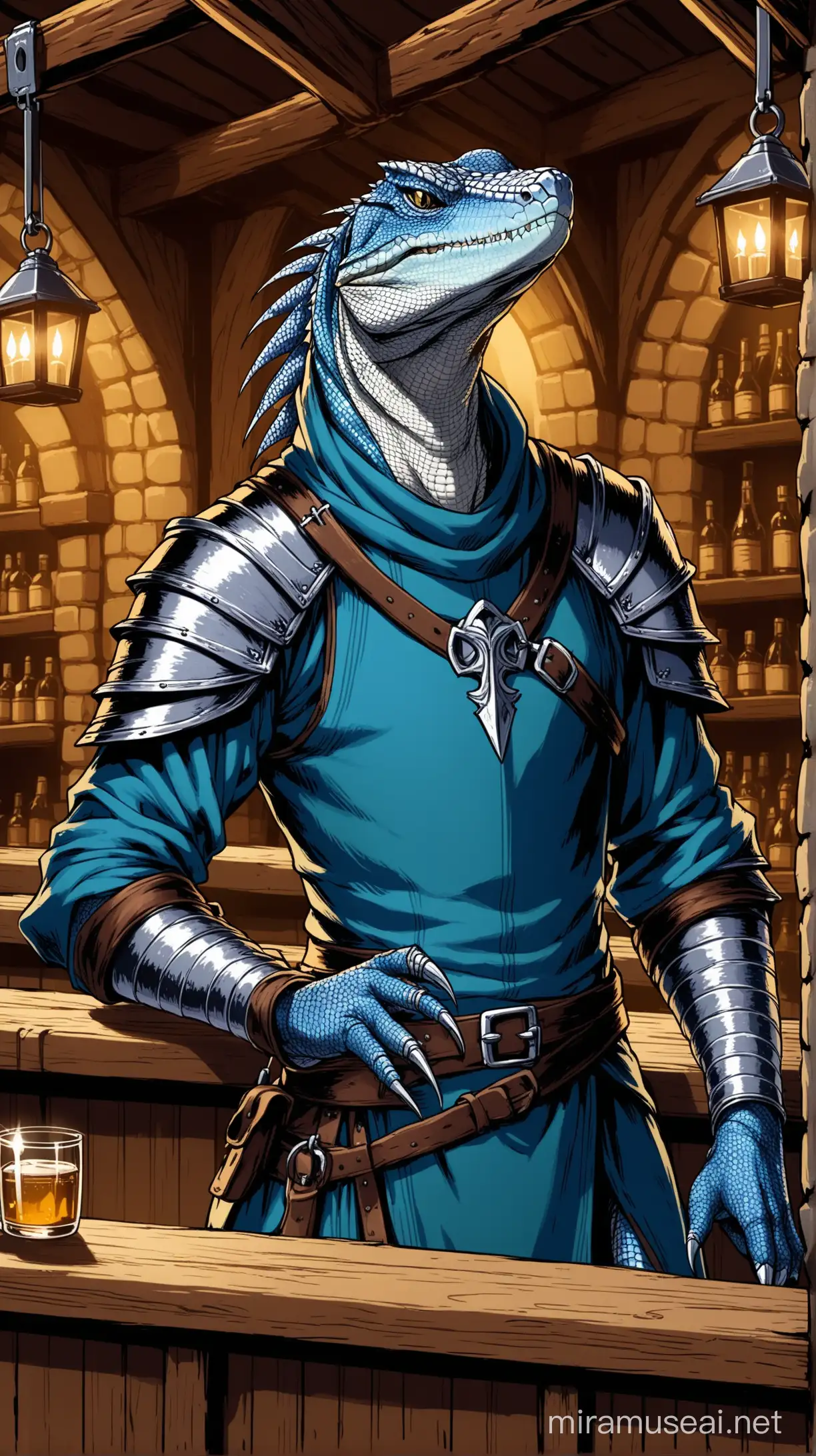 
A thin and nimble blue scaled lizardfolk assassin with silver tattoos in a medieval tavern