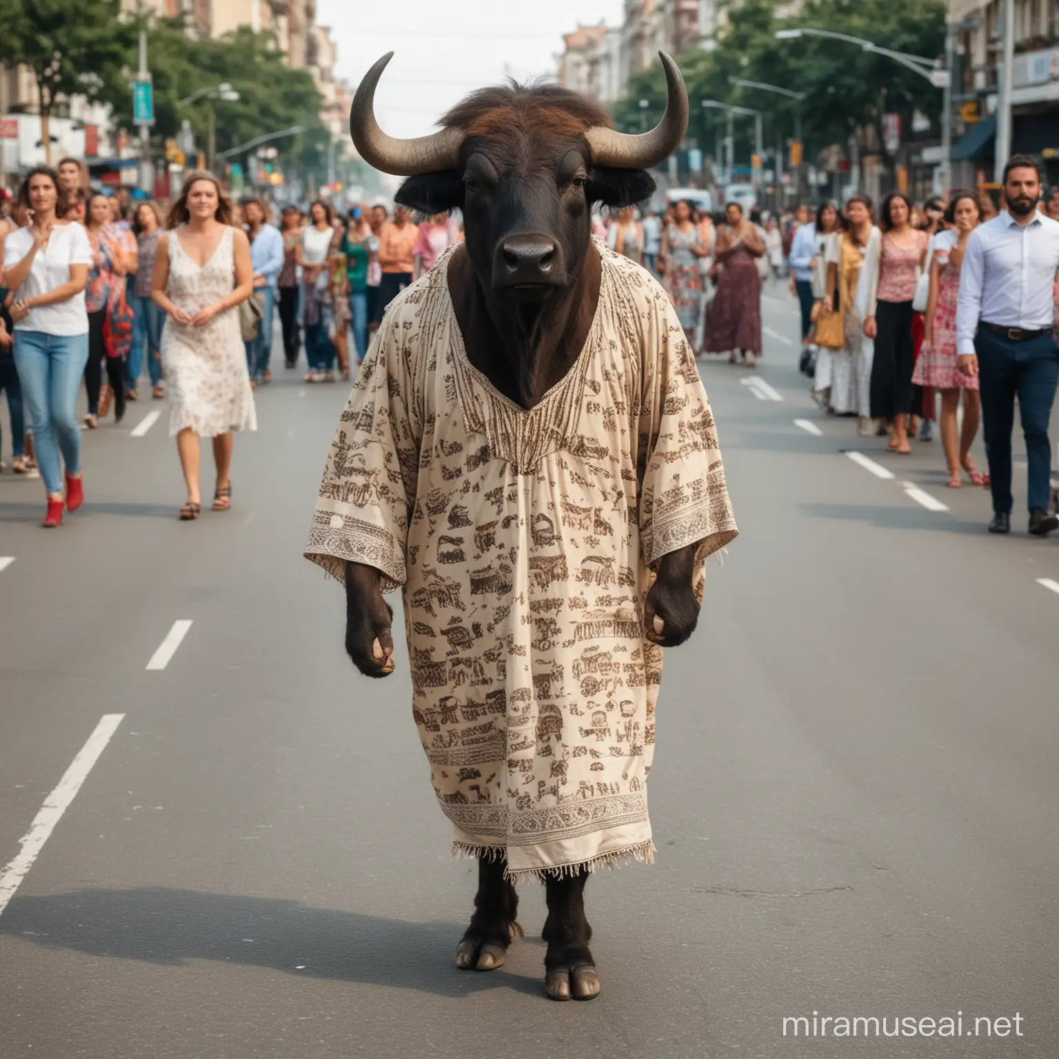 One buffalo wear a bridel dress.stand in the middle of street.many people watching it and laughed.