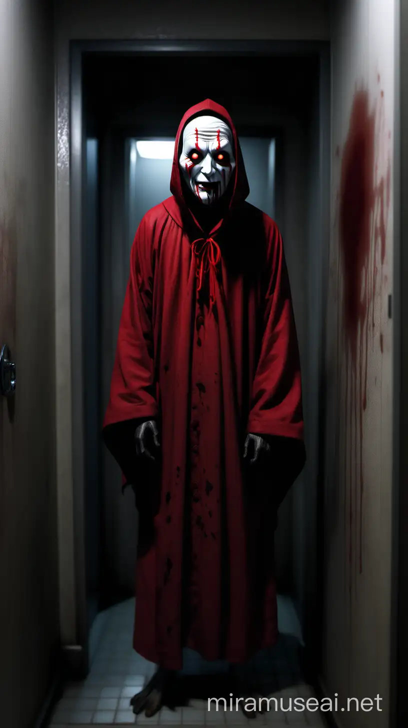 Create a realistic 4k image of the urban legend from japan aka manto, a masked spirit wearing a red cloak with scary large black eyes lurking in shadows in public bathroom with blood on walls

