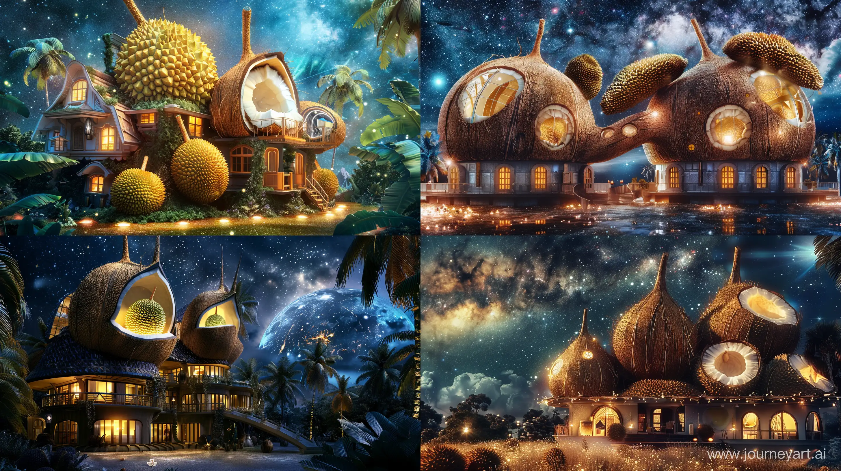 big house in the shape of coconut and durian, in the galaxy, fantasy style, realistic --ar 16:9
