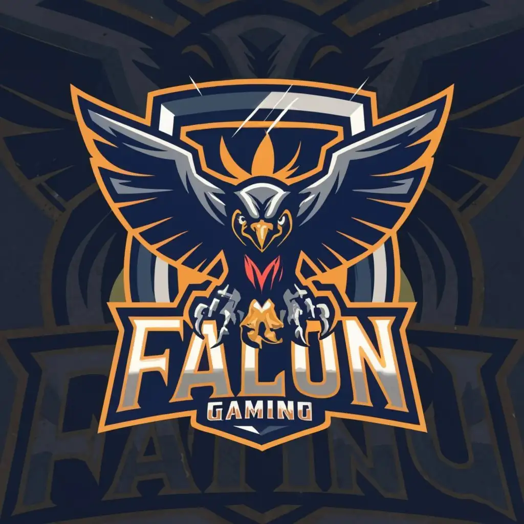 logo,  shadow of DEADLY EAGLE, with the text "FALCON GAMING", typography and on background of gaming