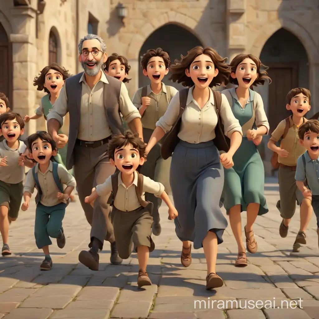 A large Jewish family with children of various ages, children running around, spoiling themselves. The parents stand tired and happy. We see everyone in full height, with arms and legs. In the style of 3d animation, realism.