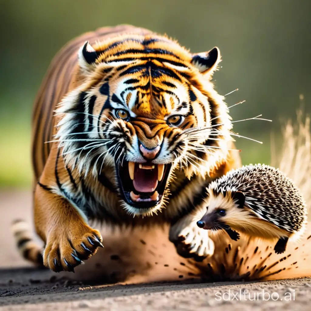 Tiger attacking one angry hedgehog