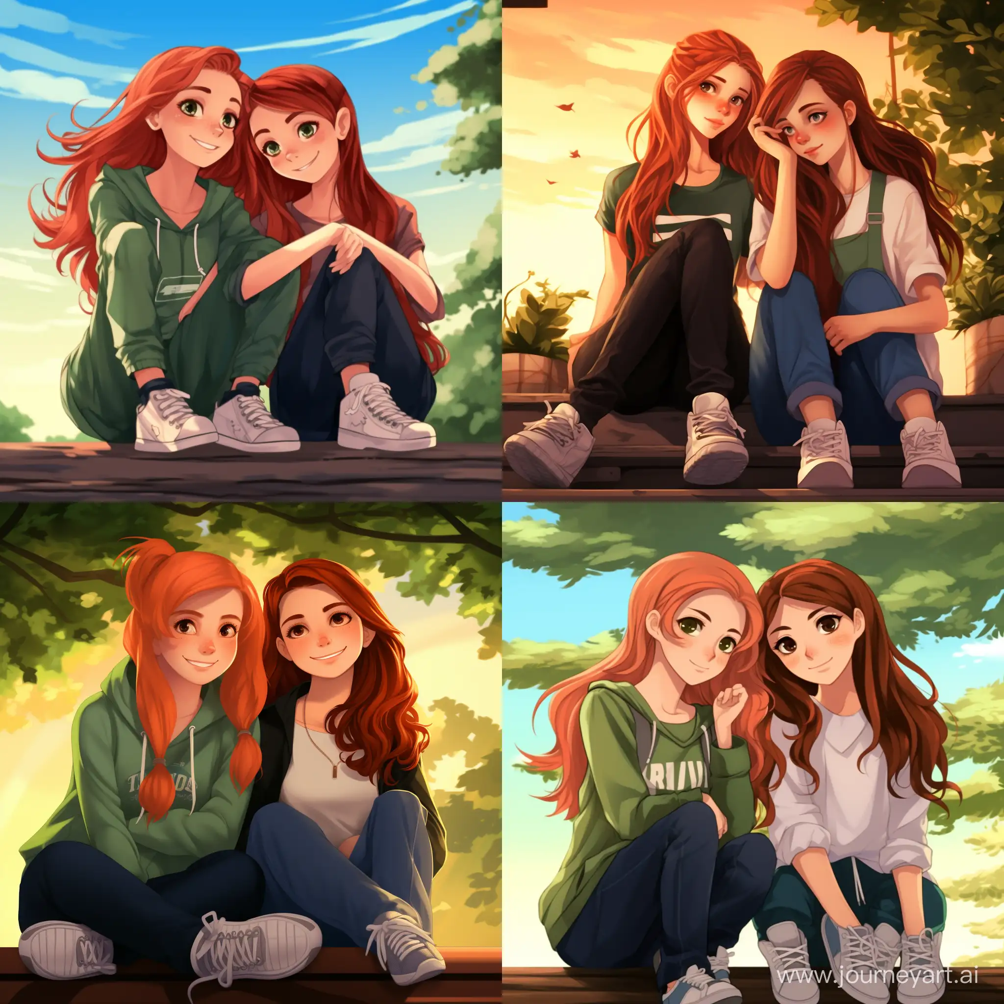 Two girls, girlfriends, half-grown, the first: a beautiful girl, straight dark hair, expressive green eyes, snow-white skin, teenager, jeans, sneakers, hoodie; the second: beautiful girl, dark red hair, bright green eyes, freckles, in a sundress; high quality, high detail, cartoon art