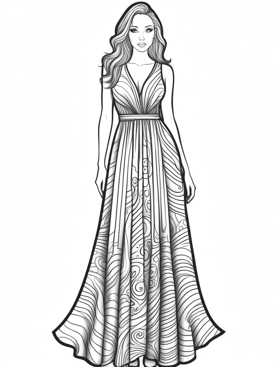 maxi dress for coloring book, black and white, thick black lines