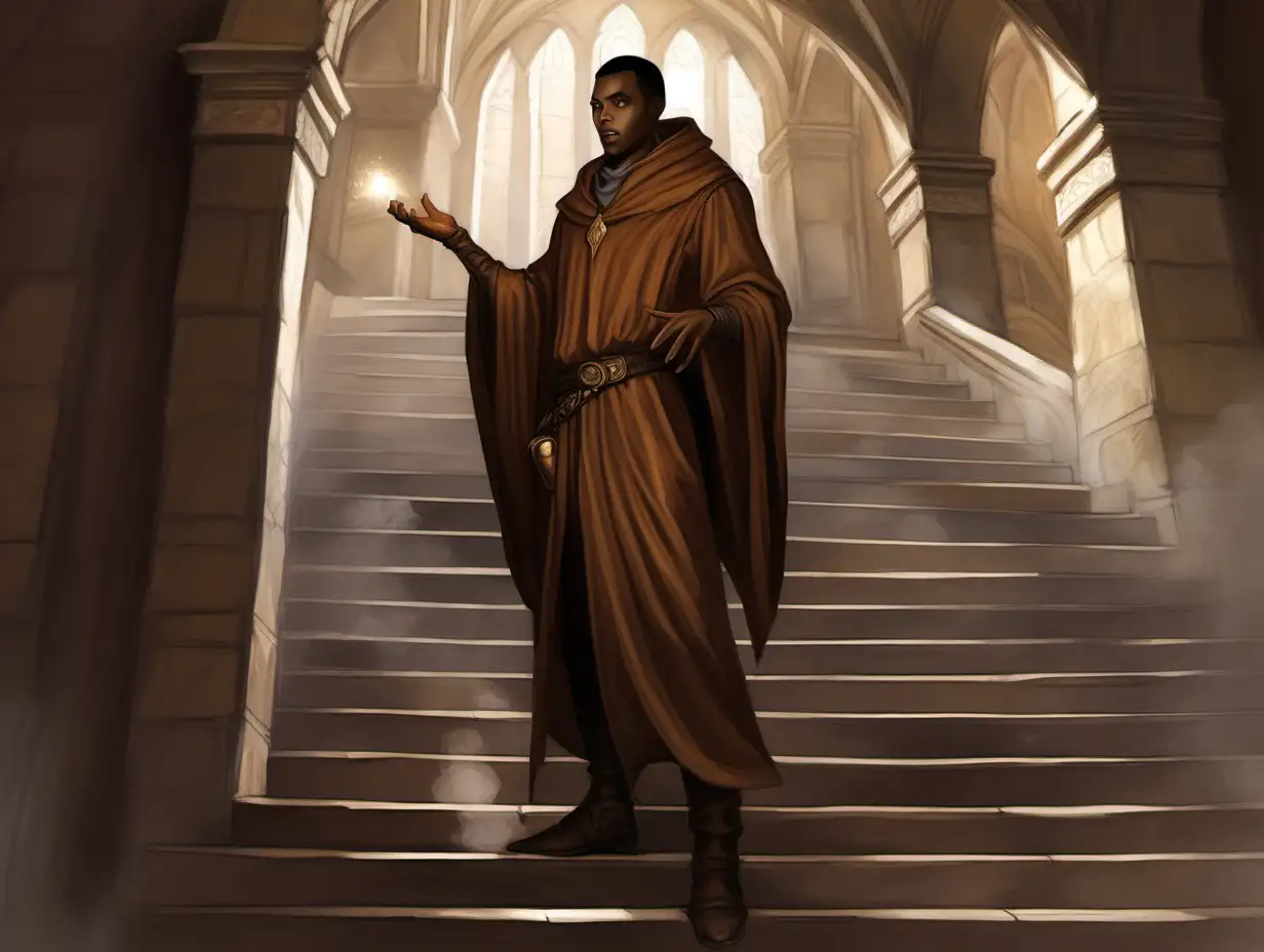 brown skinned wizard, short brown hair, very large staircase, day, Medieval fantasy painting, MtG art