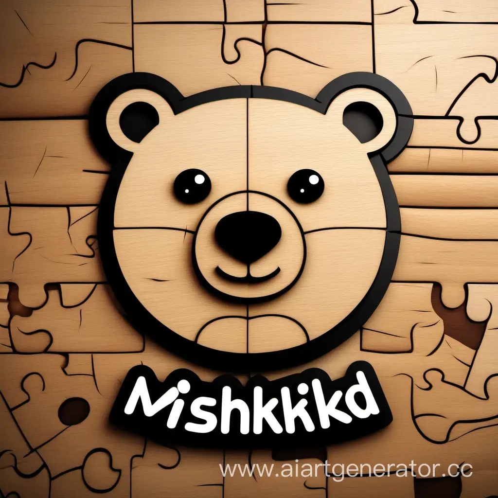 Логотип стилизованный деревянный мишка в виде пазла, возможно с элементами дерева или леса, а под ним написать без ошибок название Mishkiwood в уютном шрифте.