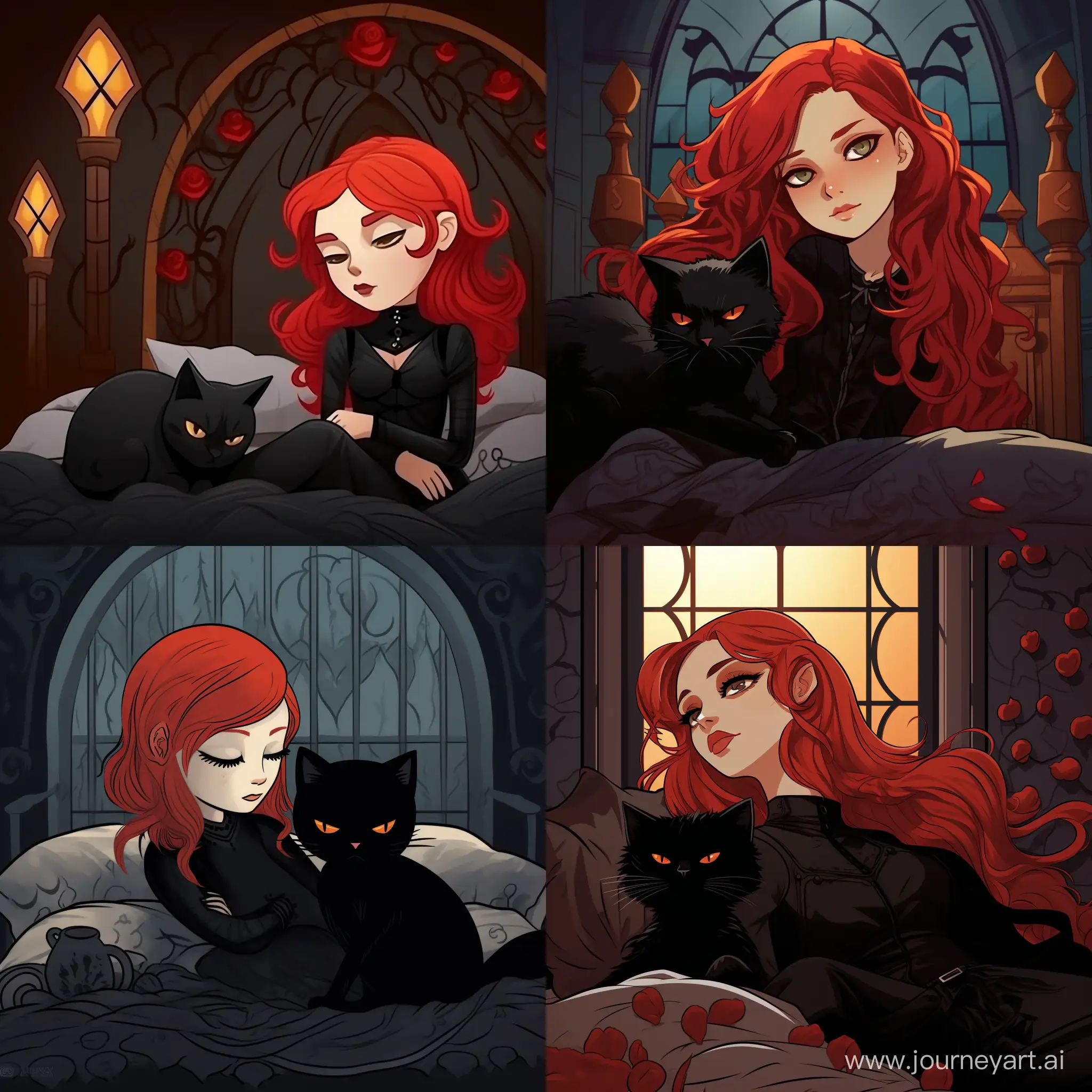 Enchanting-RedHaired-Girl-in-Gothic-Slumber-with-Feline-Companion