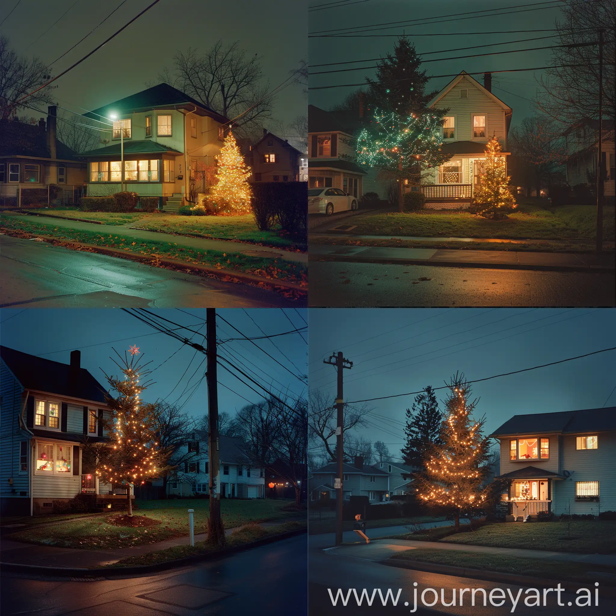 Depict a picture shot on a large format camera on color film similar to portra 800 of a house with indoor lights on, on a street corner in a residential neighbourhood with a tree with christmas light on the lawn at night inspired by todd hido images.
