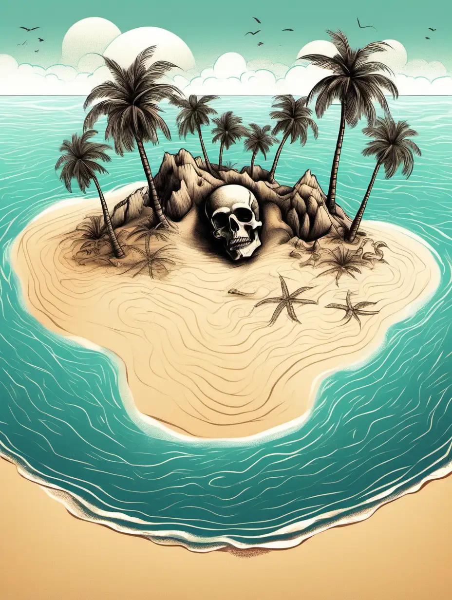 a hand drawn island with a palm tree in the middle of the ocean. With a beautiful lady laying out and a skull on the sand