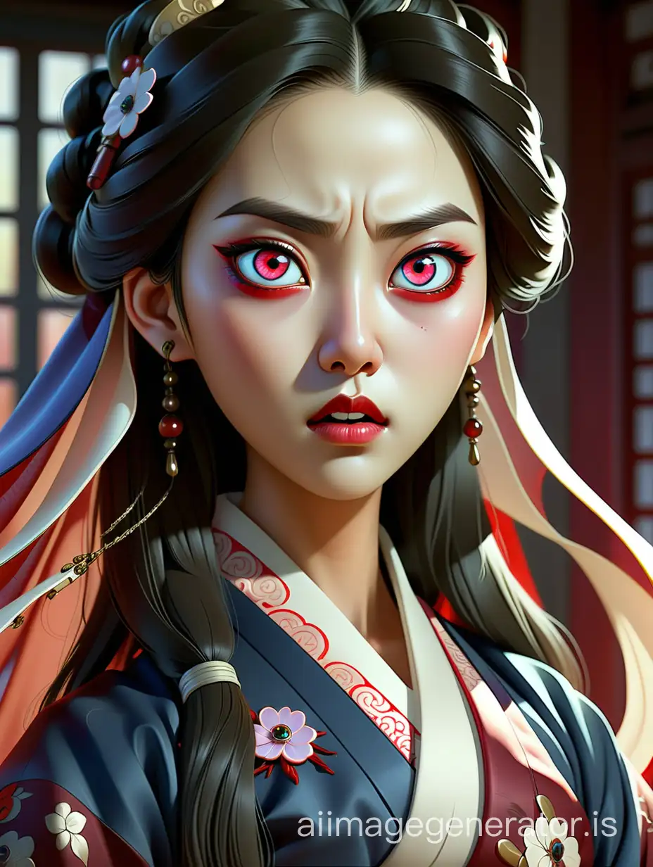 Korean-style illustration of a mesmerizing Asian vampire woman, with heterochromia (two different colored eyes), intricate details on traditional hanbok clothing, long shot, realistic painting style inspired by Park Soo-kyung and Kim Jung Gi, moody lighting to enhance the mysterious atmosphere.