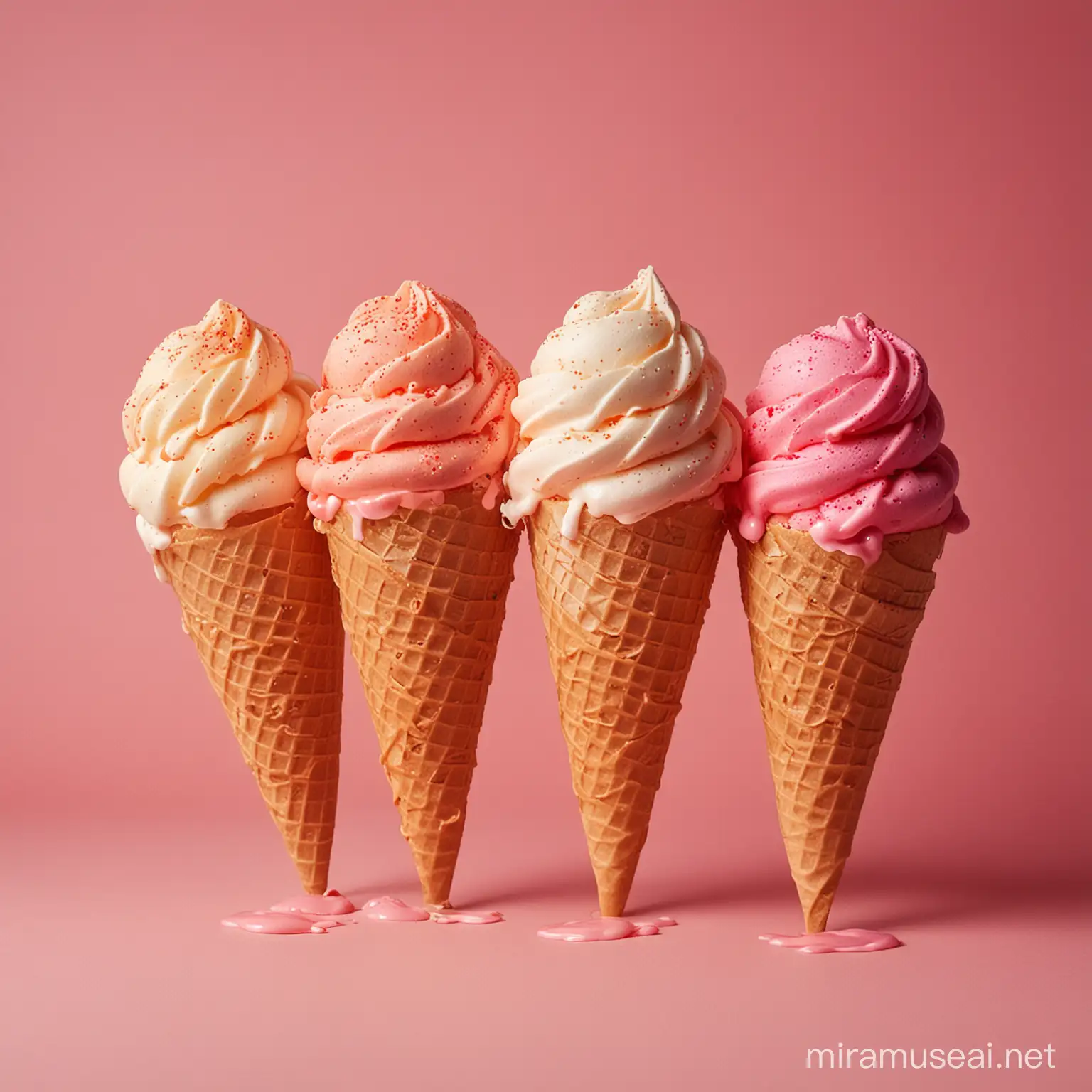Vibrant Twisted Ice Creams with Splashes and Glows on Light Red Background