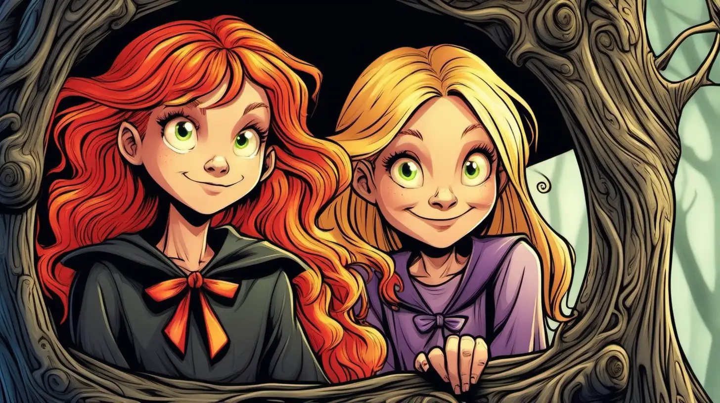 illustrate 10 years old long red hair witch and blonde short hair 10 years old witch talking in the tree house 
