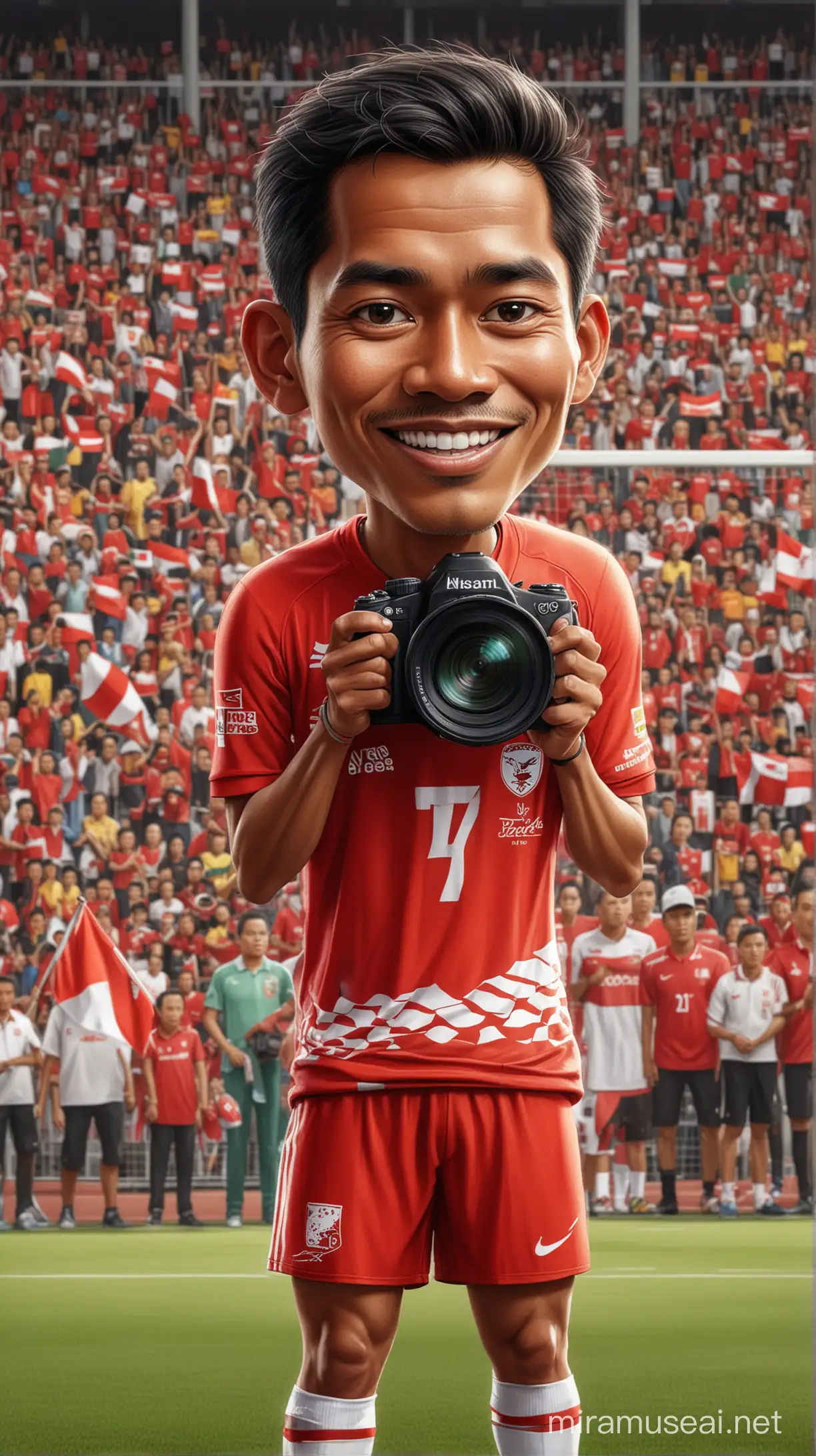 The animated caricature image depicts an Indonesian man with a clean and handsome face, holding a camera with a telephoto lens, dressed in the Indonesian national team jersey, with many Indonesian supporters in the background at a Football Stadium.